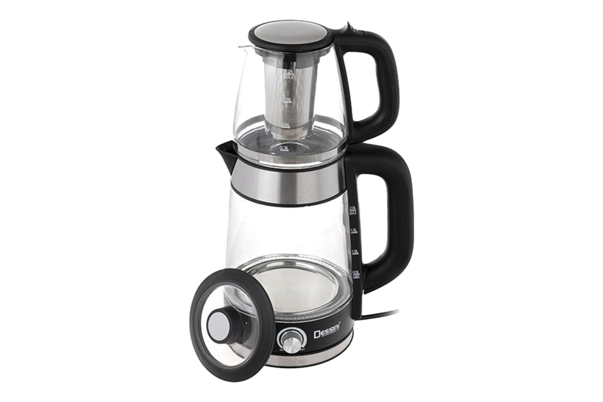 نمای کلی چای ساز دسینی 7007 با نمایش قوری، کتری و درب کتری رنگ مشکی