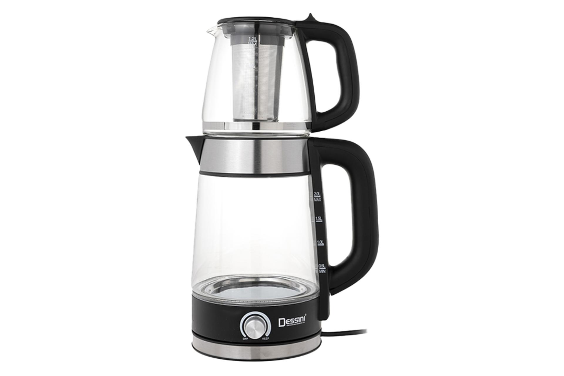 نمای کلی چای ساز دسینی 7007 با نمایش قوری و کتری رنگ مشکی