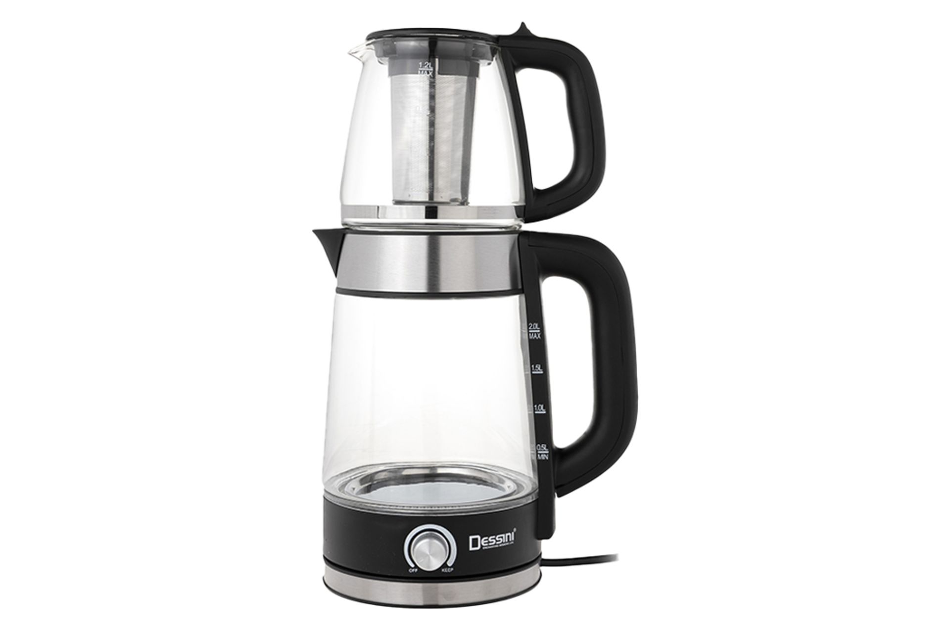 نمای کلی چای ساز دسینی 7007 با نمایش قوری و کتری رنگ مشکی