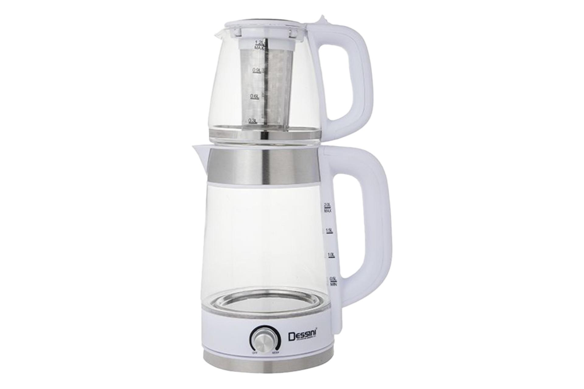 نمای کلی چای ساز دسینی 7007 با نمایش قوری و کتری رنگ سفید