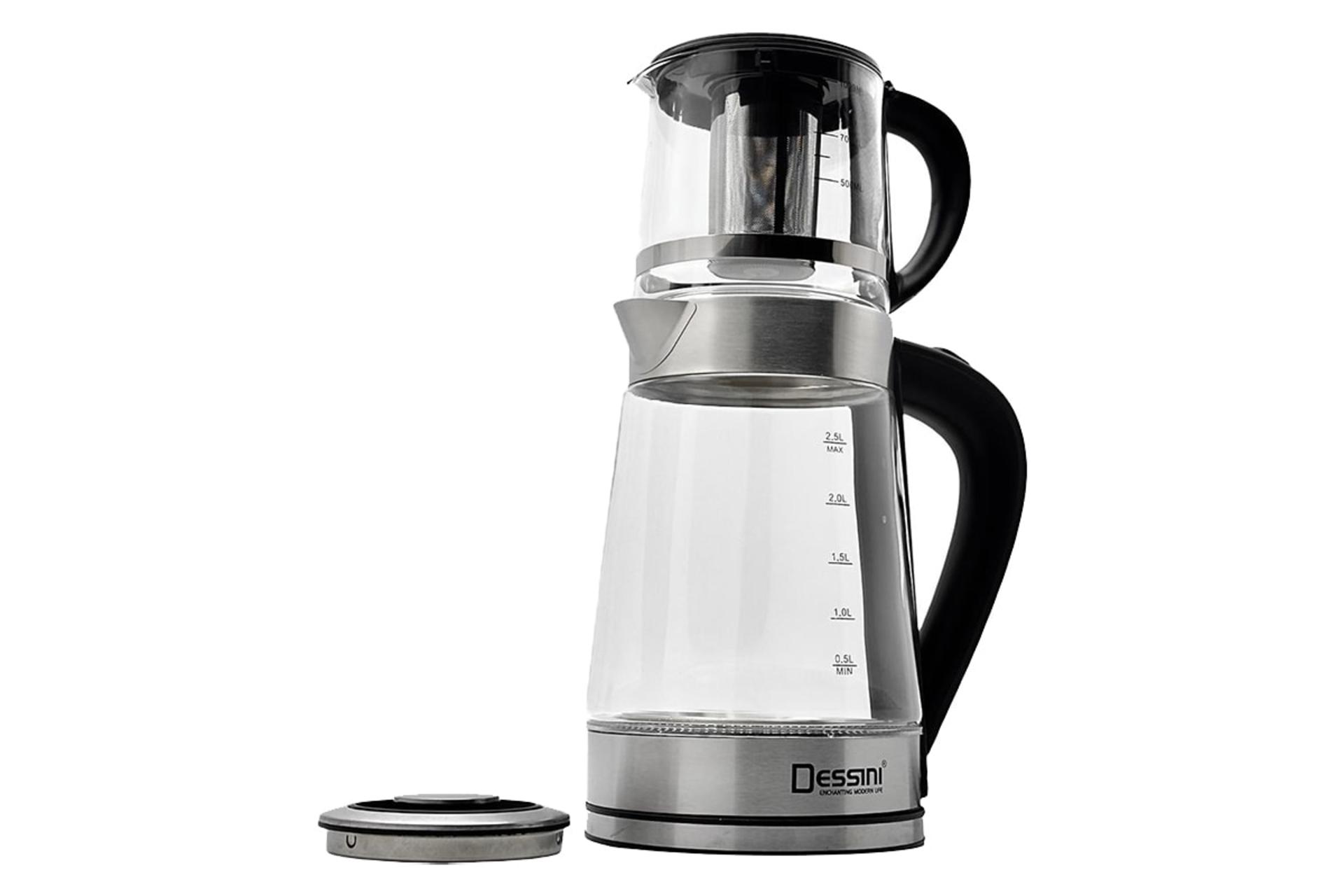 نمای کلی چای ساز دسینی KD-5005 با نمایش قوری، کتری و درب کتری