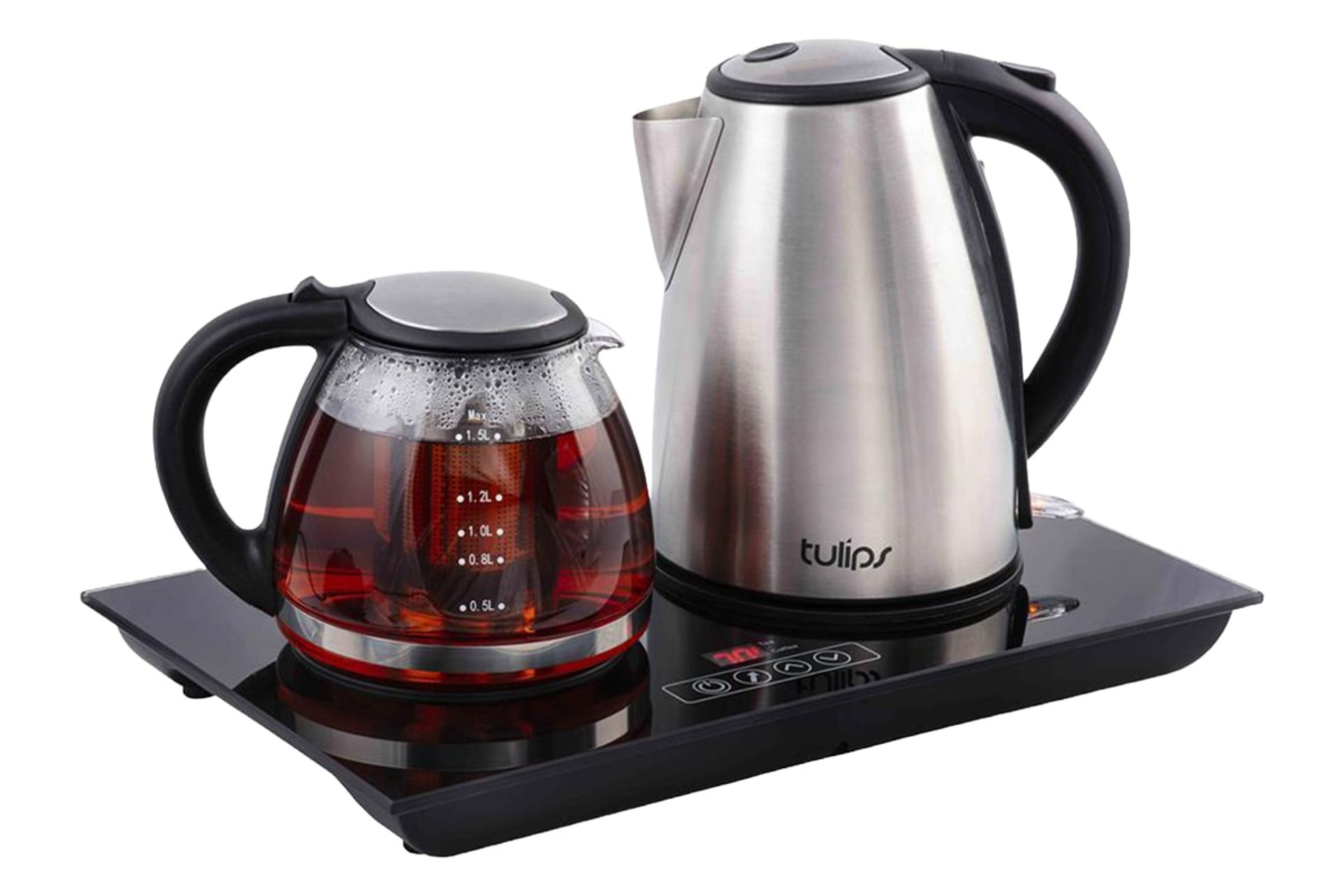 نمای کلی چای ساز تولیپس TM-415SG با نمایش قوری و کتری