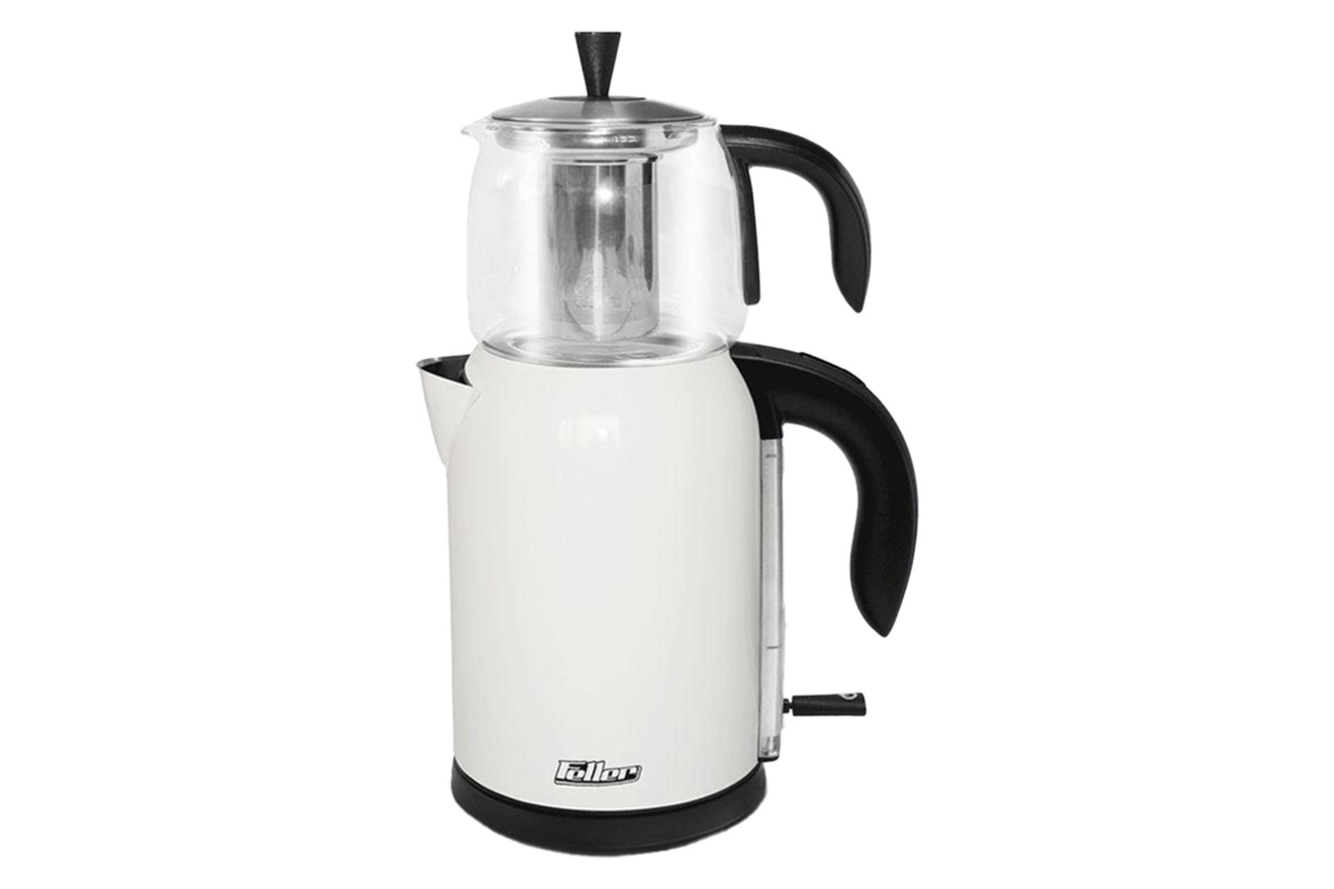 نمای کلی چای ساز فلر TS 470 S با نمایش قوری و کتری رنگ سفید