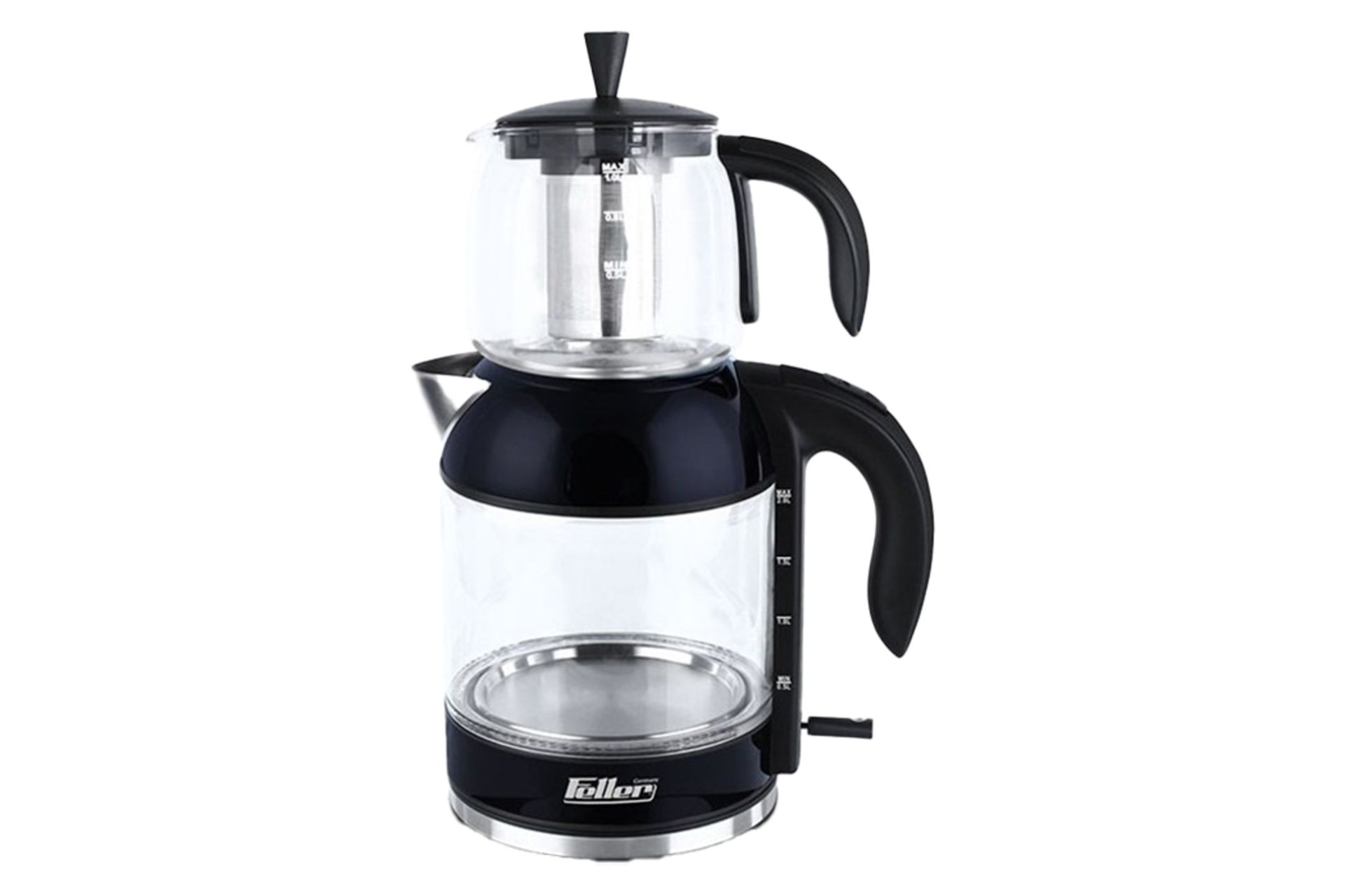 نمای کلی چای ساز فلر TS 285 با نمایش قوری و کتری رنگ مشکی