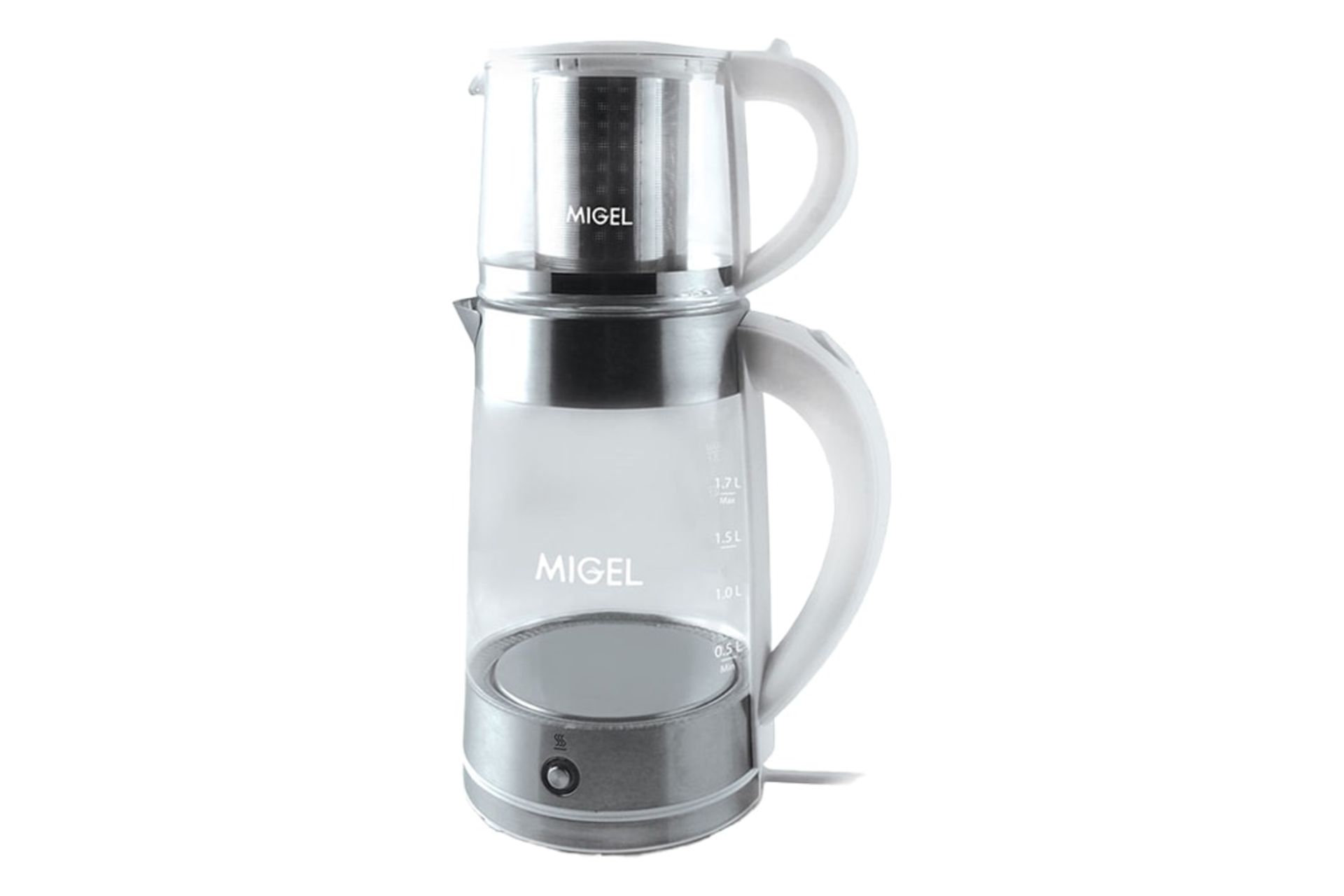 نمای کلی چای ساز میگل GTS 220 با نمایش قوری و کتری رنگ سفید