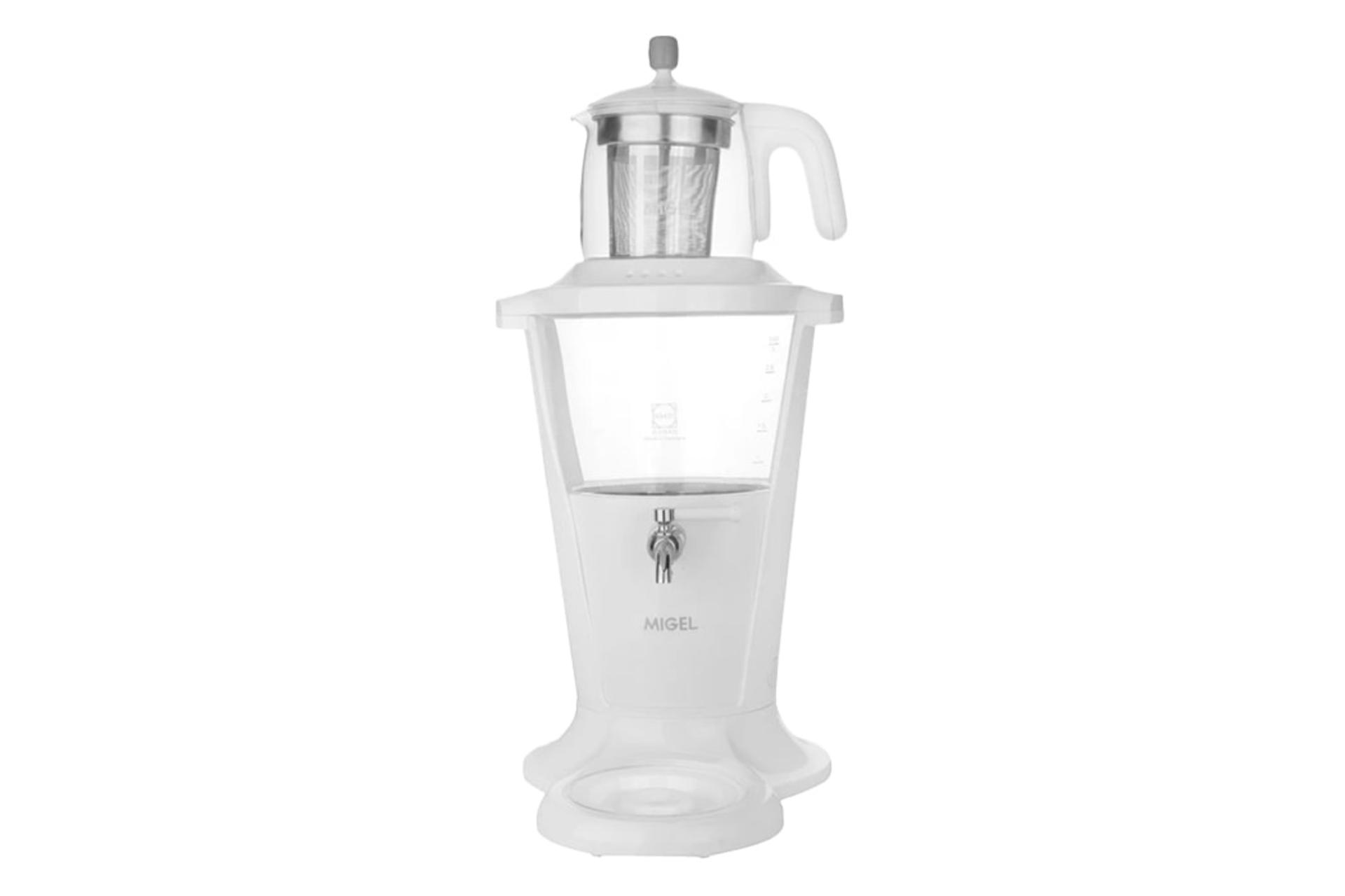 نمای کلی چای ساز میگل GTS 301 با نمایش قوری و کتری رنگ سفید