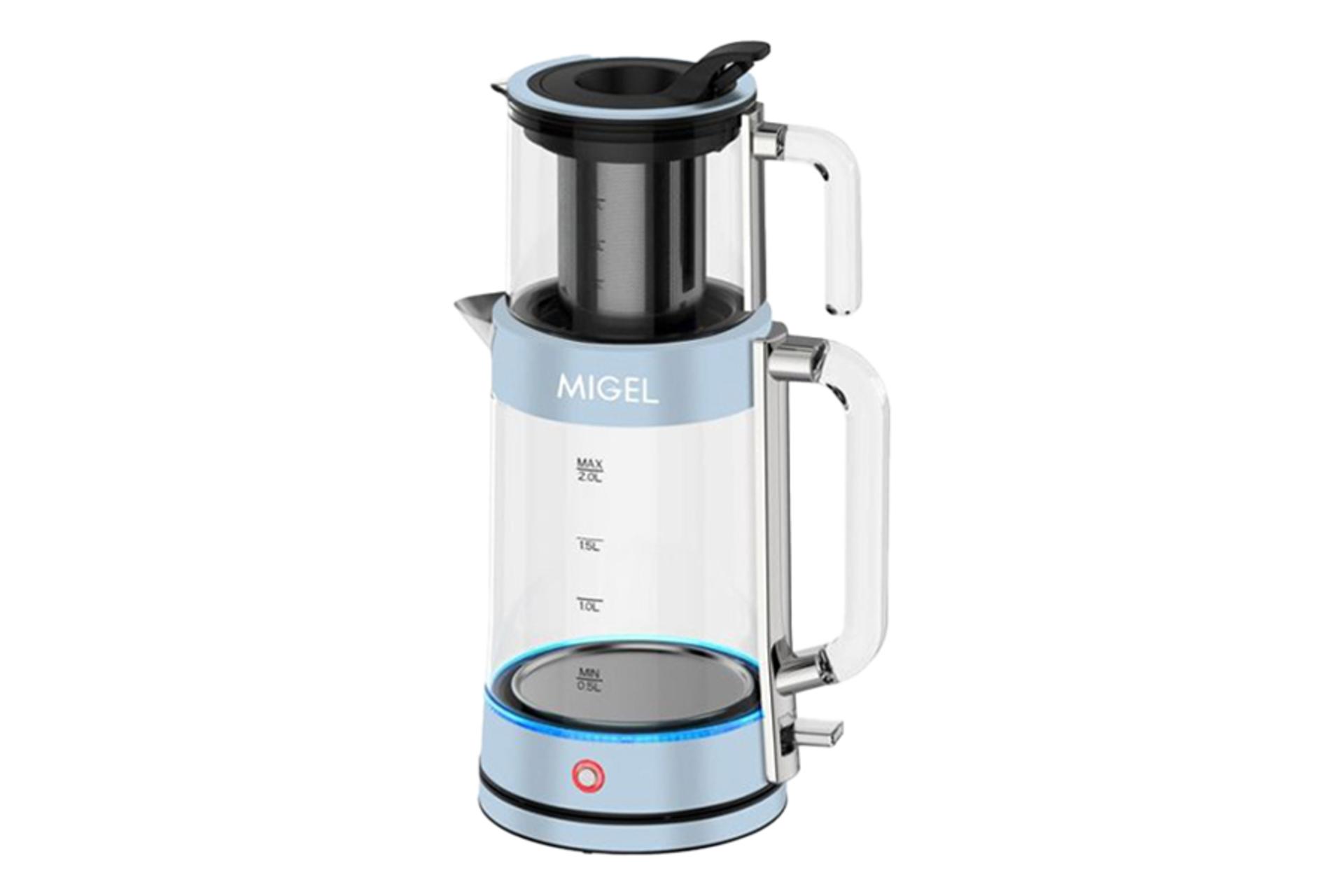 نمای کلی چای ساز میگل GTS 280 با نمایش قوری و کتری رنگ آبی