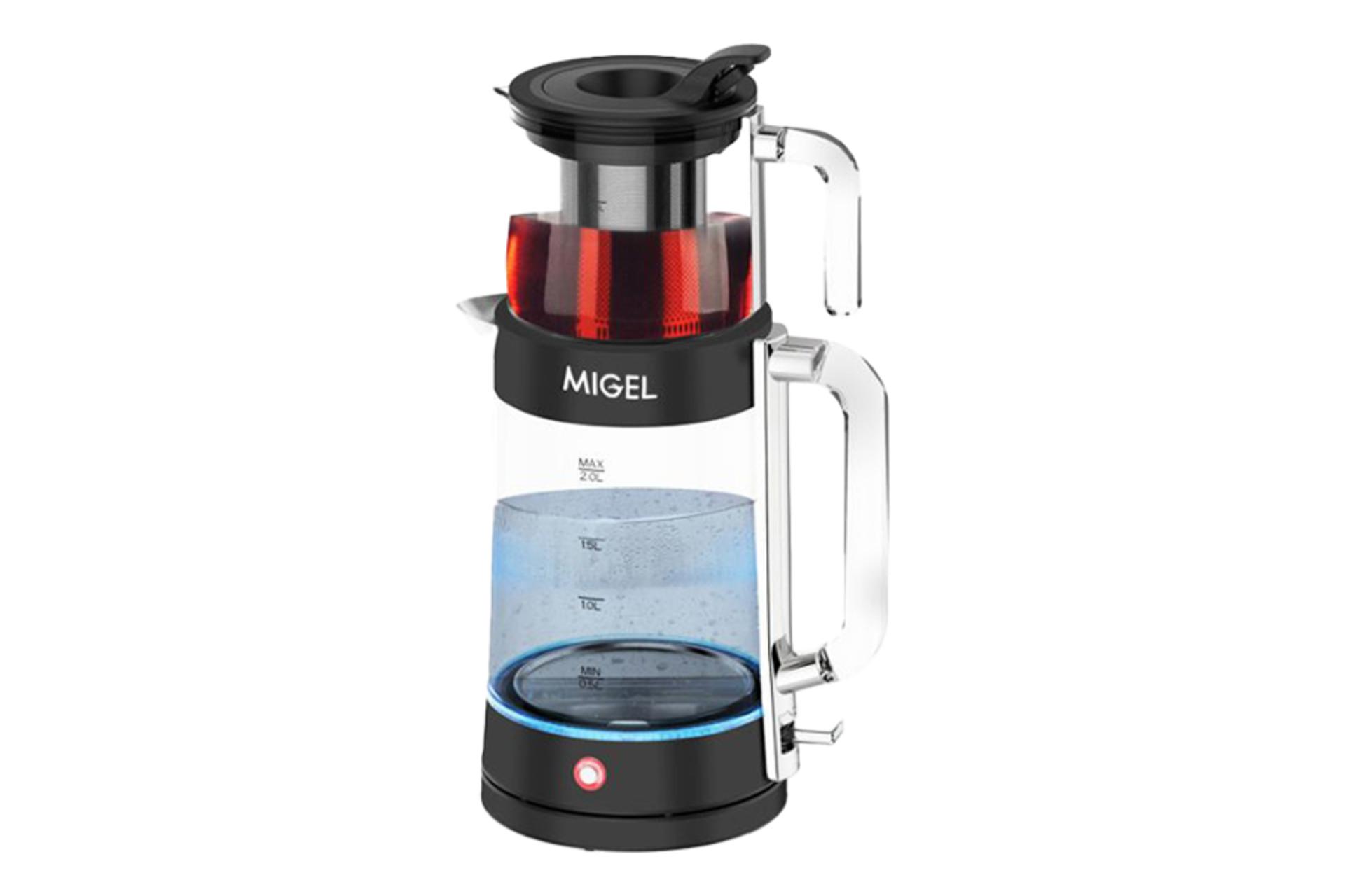 نمای کلی چای ساز میگل GTS 280 با نمایش قوری و کتری رنگ مشکی