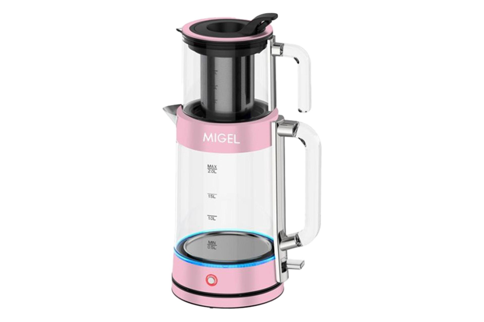 نمای کلی چای ساز میگل GTS 280 با نمایش قوری و کتری رنگ صورتی