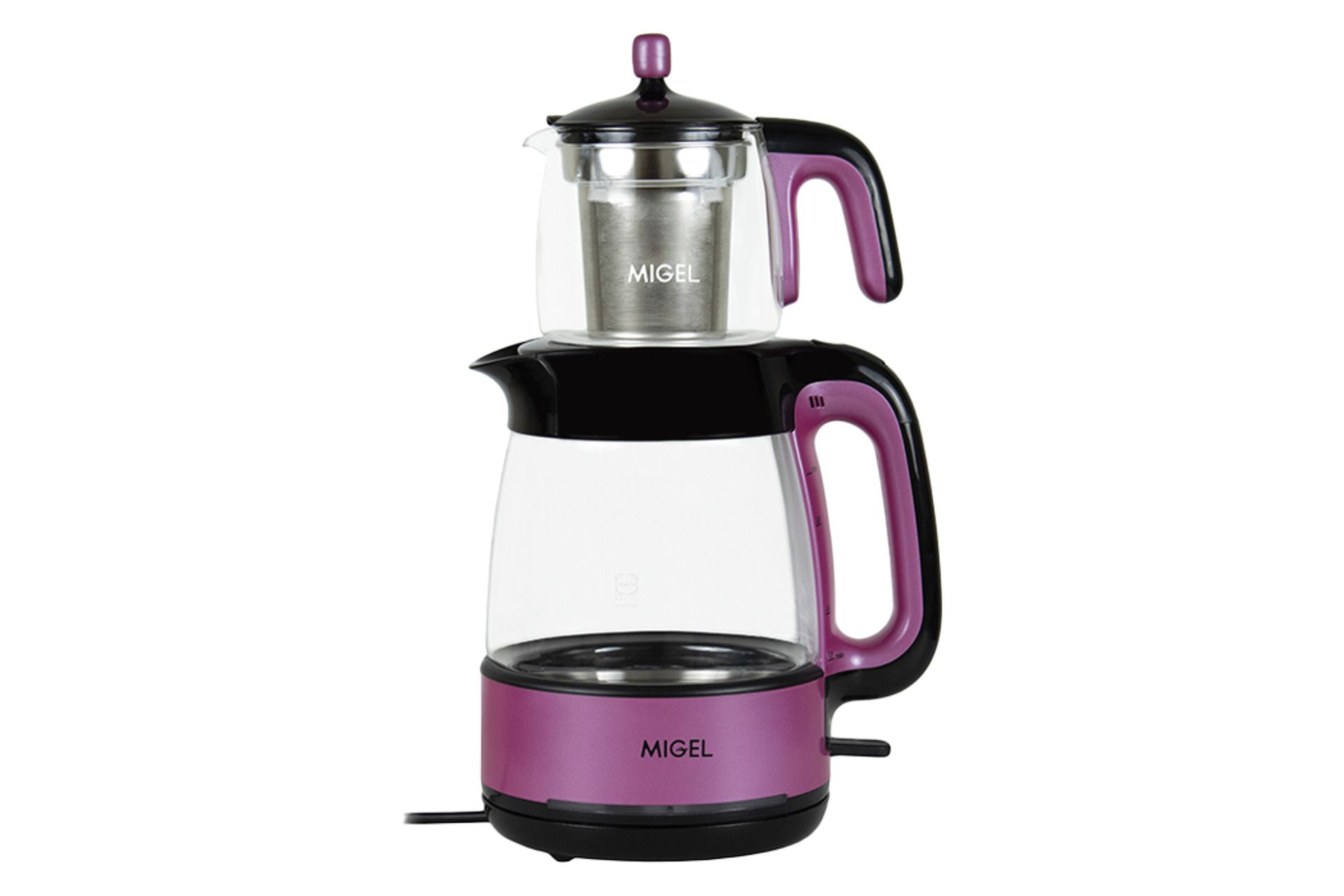 نمای کلی چای ساز میگل GTS 070 با نمایش قوری و کتری رنگ صورتی