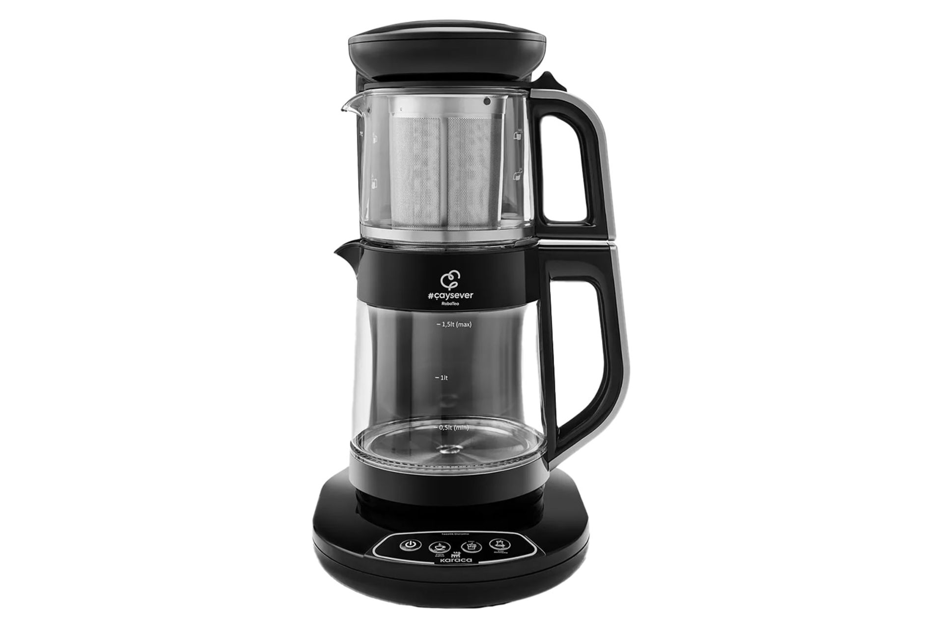 نمای کلی چای ساز کاراجا Caysever Robotea با نمایش قوری و کتری