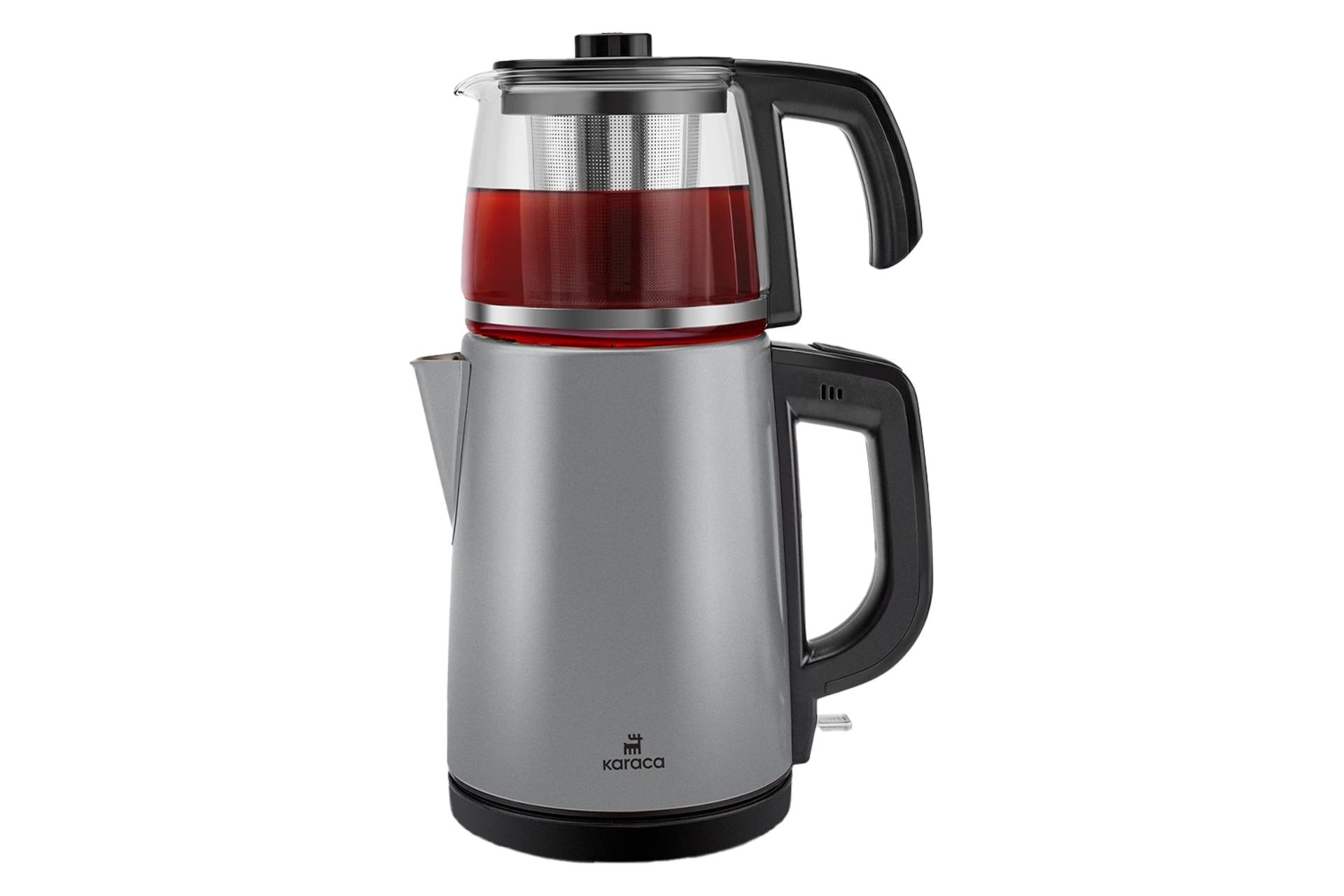 نمای کلی چای ساز کاراجا Tea Glass با نمایش قوری و کتری رنگ خاکستری