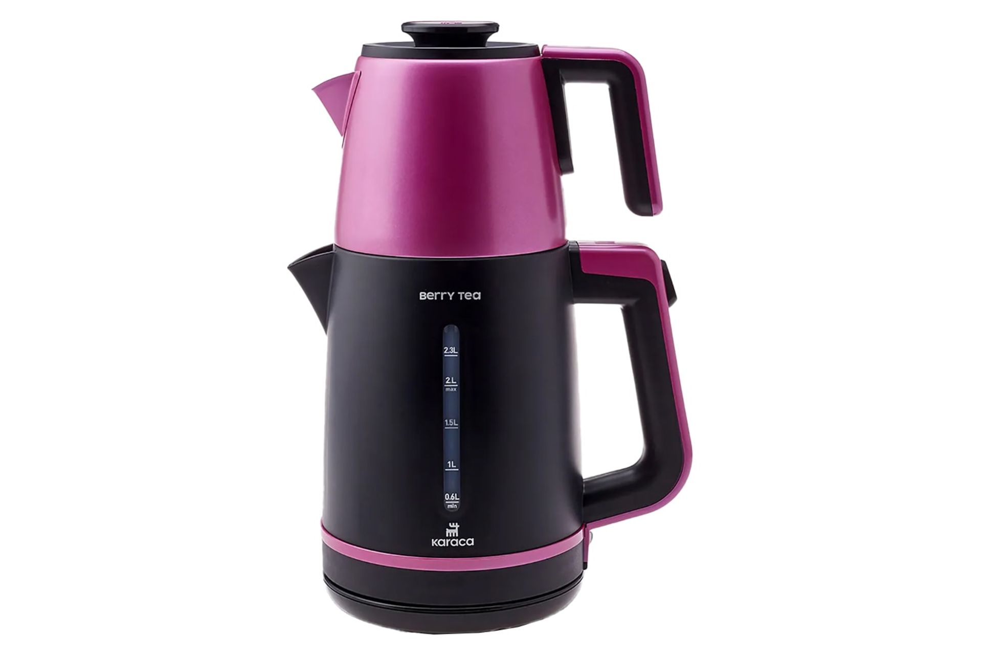 نمای کلی چای ساز کاراجا Berry Tea با نمایش قوری و کتری رنگ صورتی