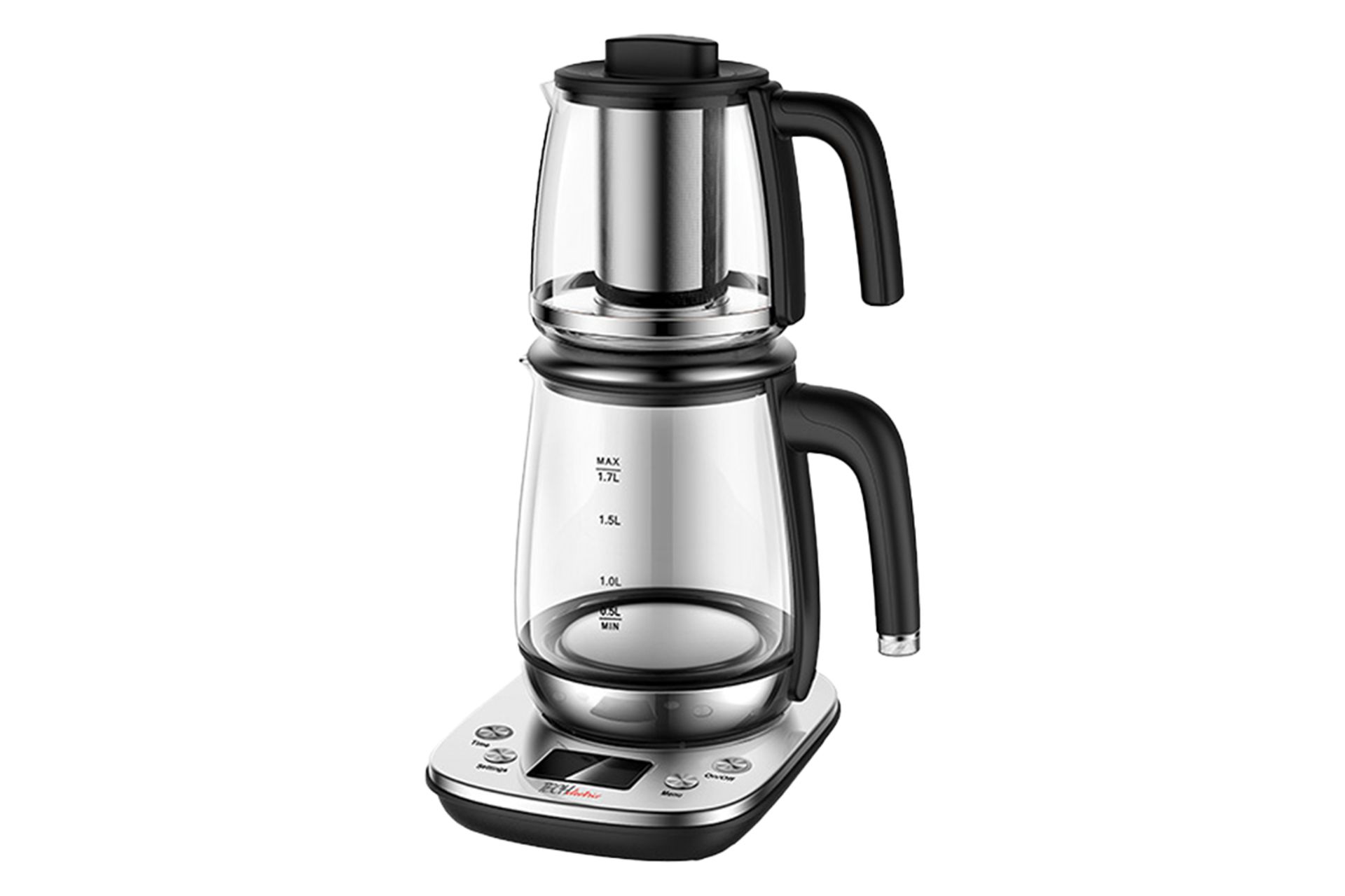 نمای کلی چای ساز تک الکتریک TM1108-80SB با نمایش قوری و کتری