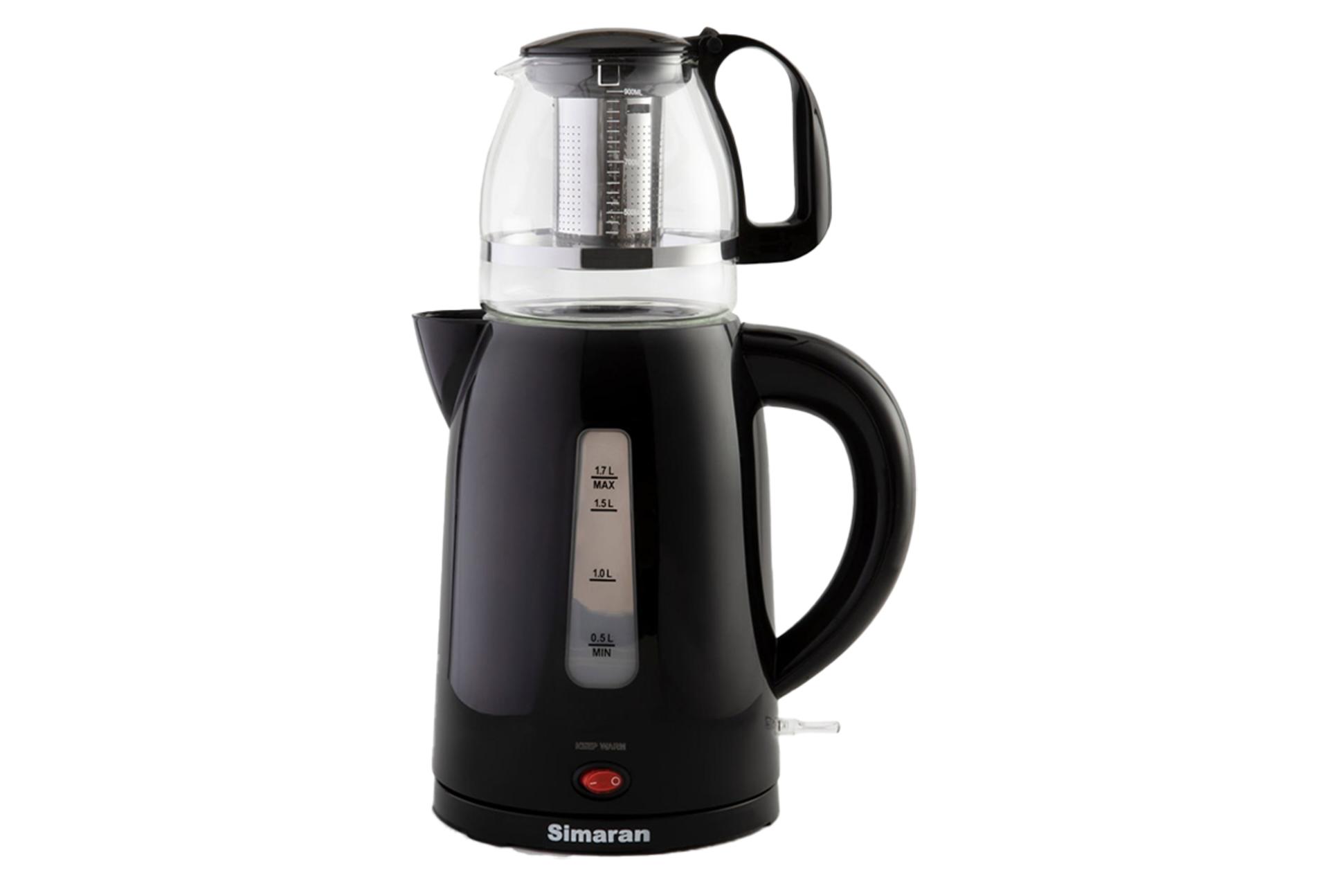نمای کلی چای ساز سیماران STM-815P با نمایش قوری و کتری رنگ مشکی