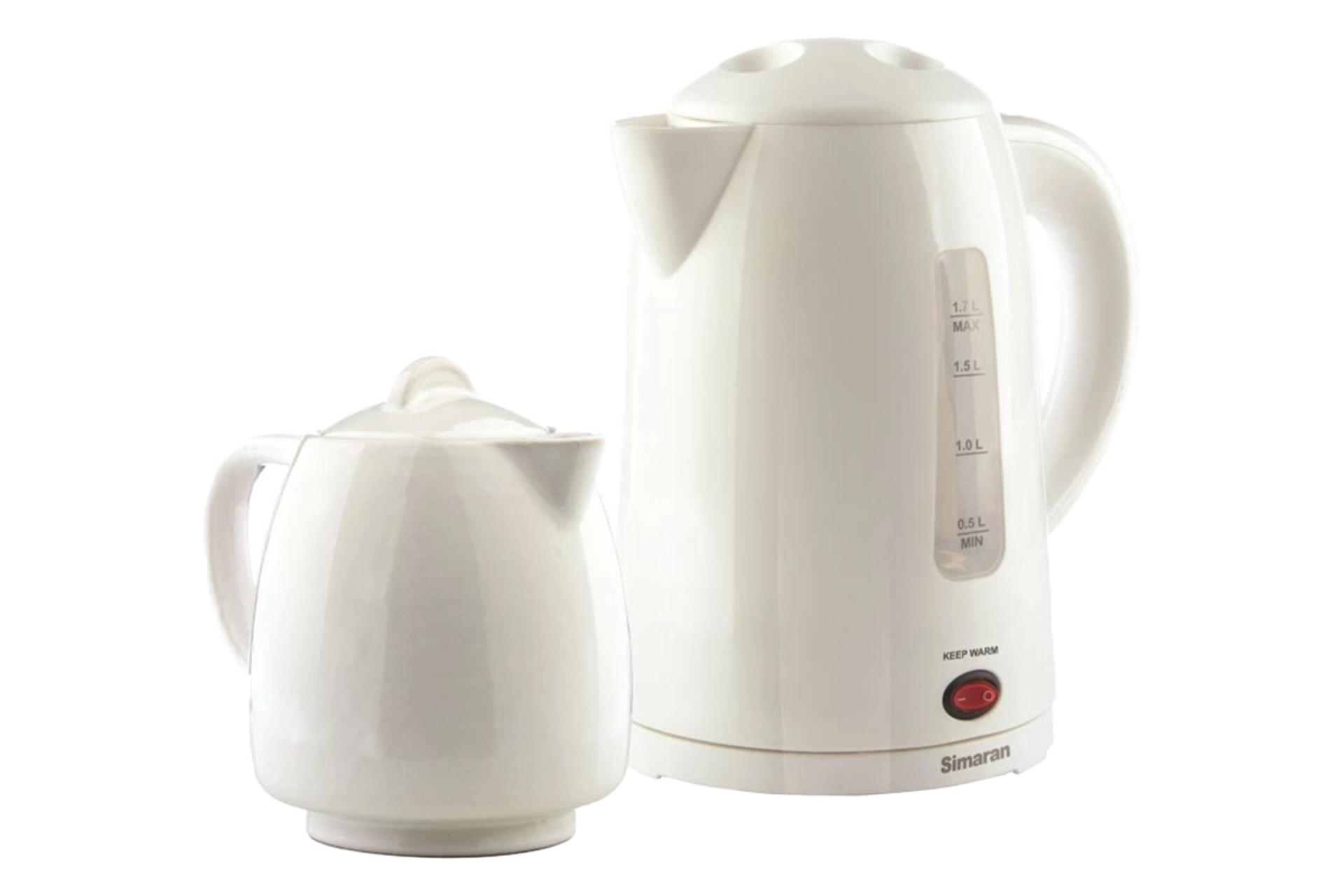 نمای کلی چای ساز سیماران STM-815 با نمایش قوری و کتری رنگ سفید