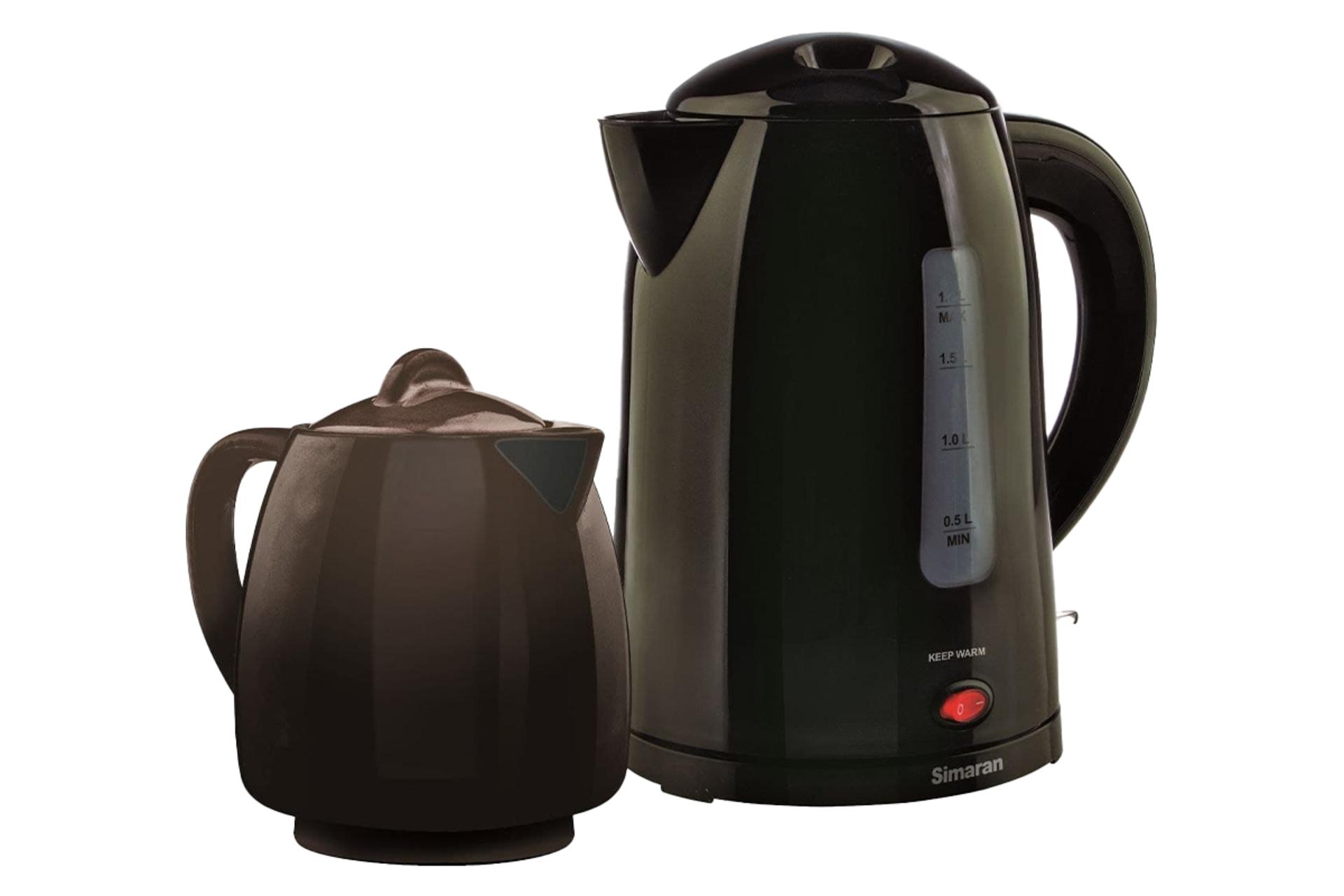نمای کلی چای ساز سیماران STM-815 با نمایش قوری و کتری رنگ مشکی