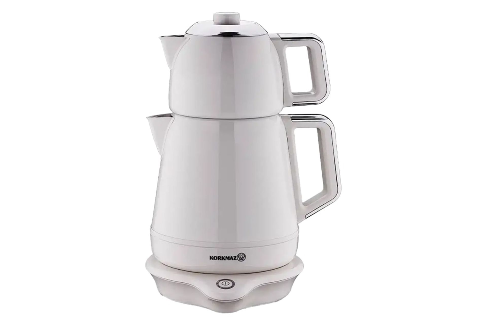 نمای کلی چای ساز کرکماز A332 با نمایش قوری و کتری رنگ سفید