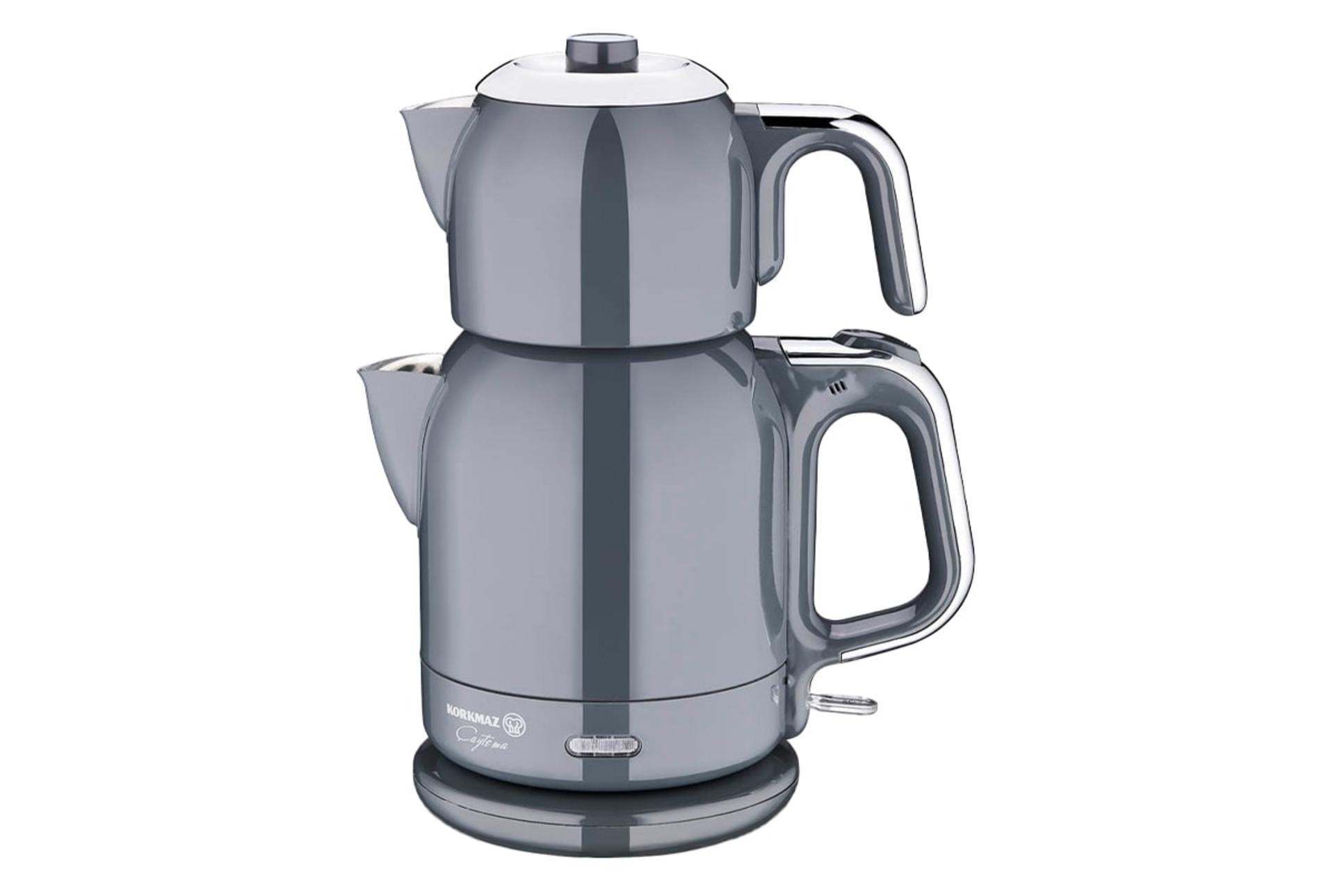 نمای کلی چای ساز کرکماز A331 با نمایش قوری و کتری رنگ طوسی