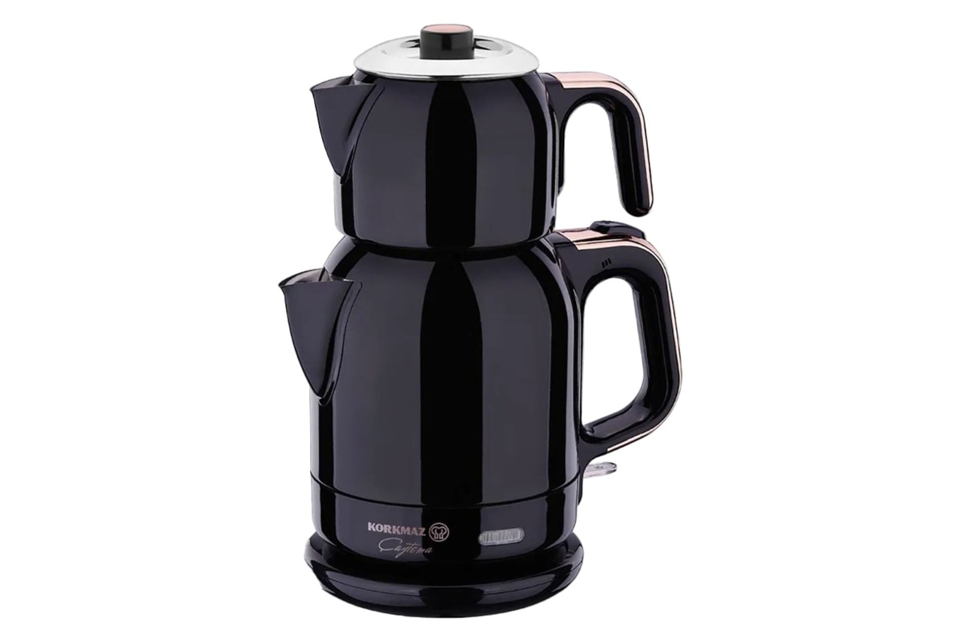 نمای کلی چای ساز کرکماز A331 با نمایش قوری و کتری رنگ مشکی