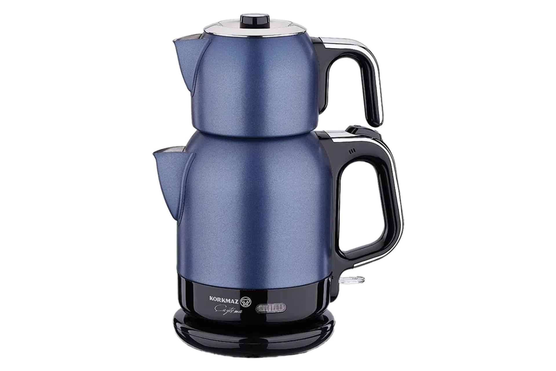 نمای کلی چای ساز کرکماز A331 با نمایش قوری و کتری رنگ آبی