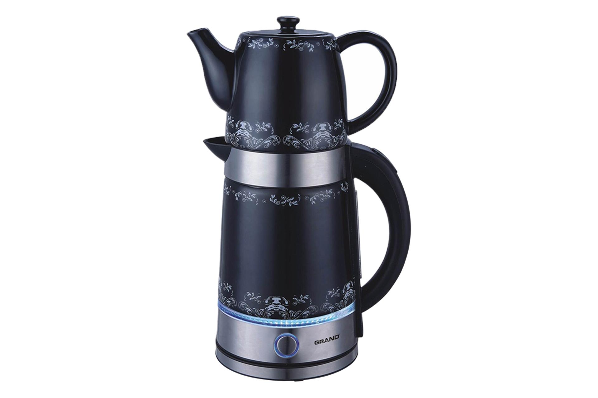 نمای کلی چای ساز گرند GR-3090 با نمایش قوری و کتری