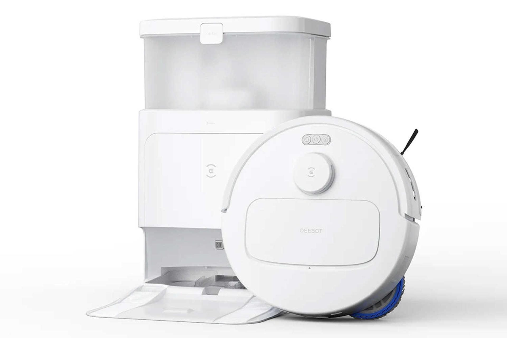 نمای جلوی جارو رباتیک اکووکس DEEBOT N30 PRO OMNI به همراه پایه شارژ رنگ سفید