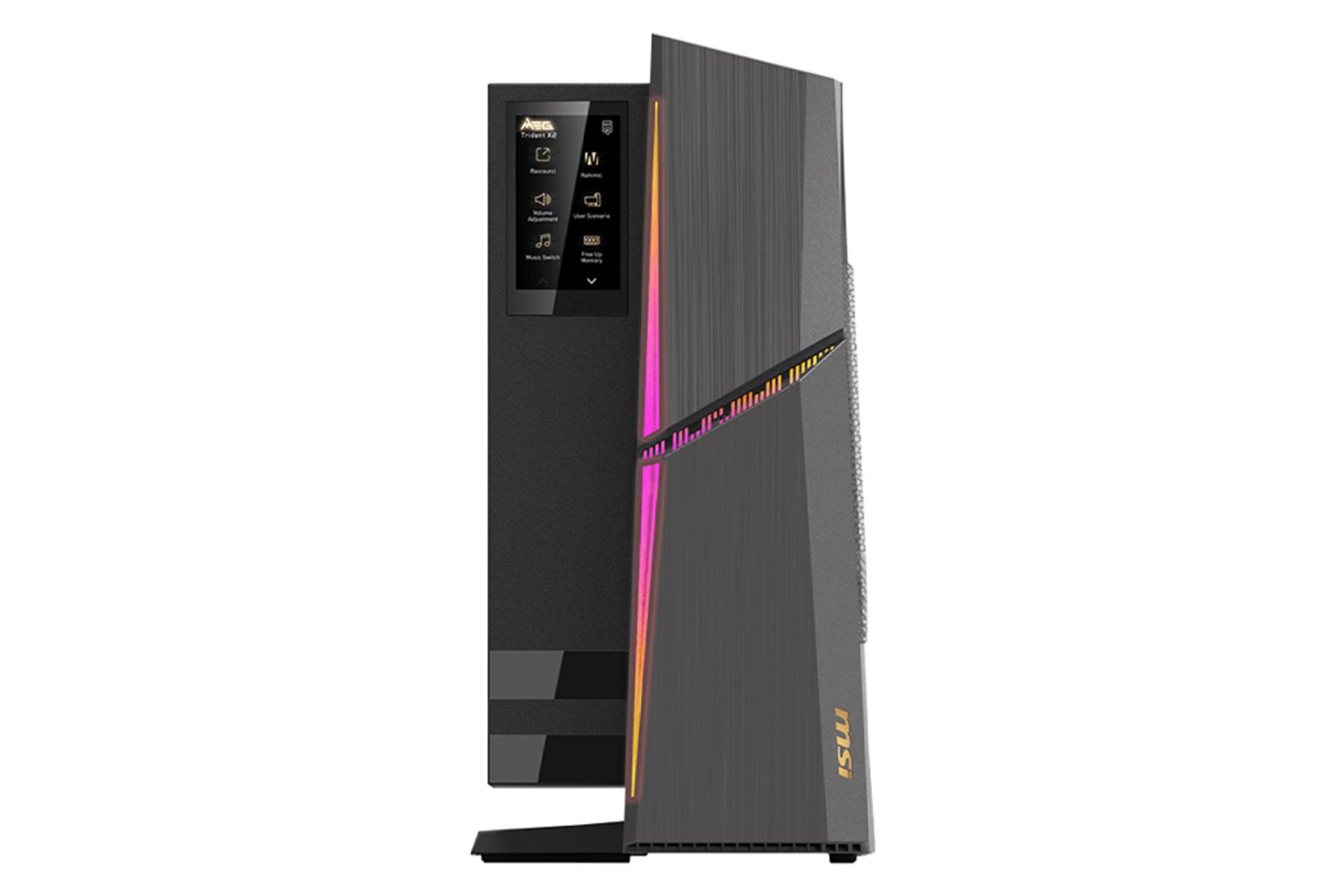پنل جلوی کیس اسمبل شده MEG Trident X2 14th ام اس آی با نمایش لوگو، نورپردازی و نمایشگر