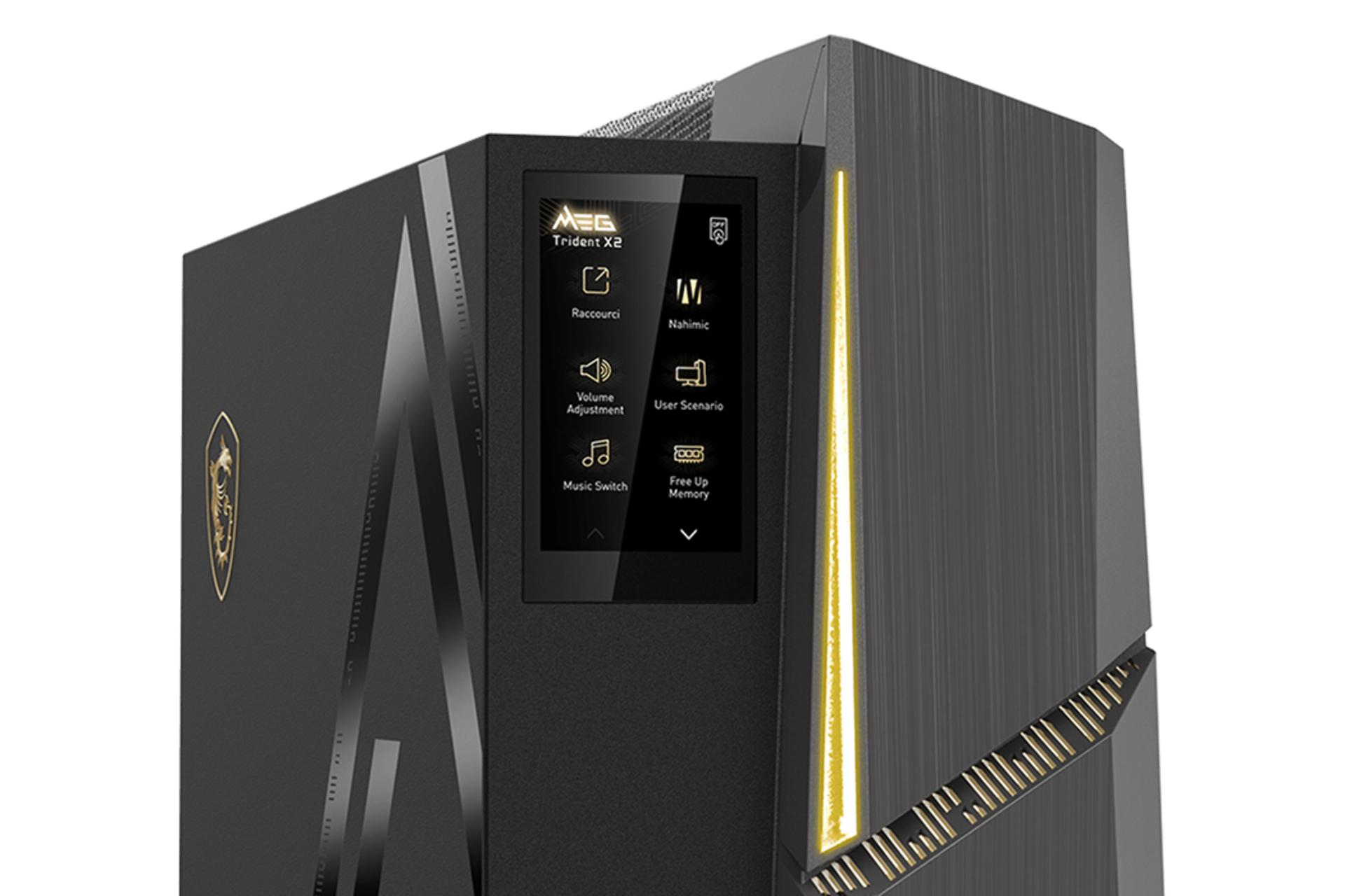 نمای نزدیک پنل جلوی کیس اسمبل شده MEG Trident X2 14th ام اس آی با نمایش نمایشگر و لوگو