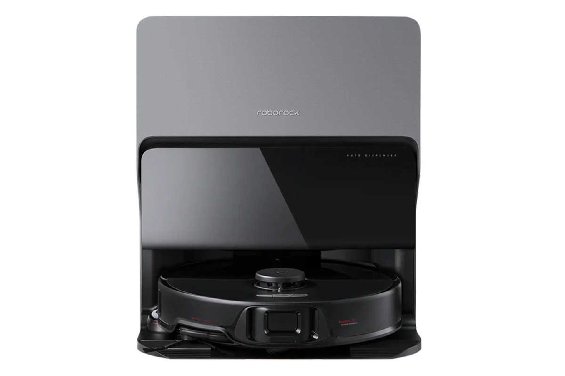 نمای جلوی جارو رباتیک روبوراک S8 Max Ultra به همراه مخزن تخلیه زباله رنگ مشکی