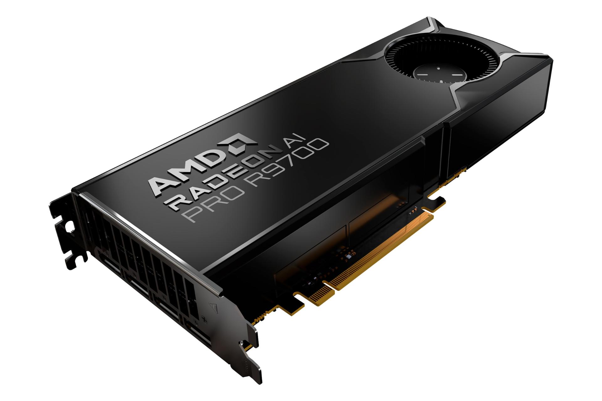 نمای نیمرخ کارت گرافیک AMD رادئون AI پرو R9700 با نمایش اتصال PCIe، لبه پشت و درگاه‌های خروجی