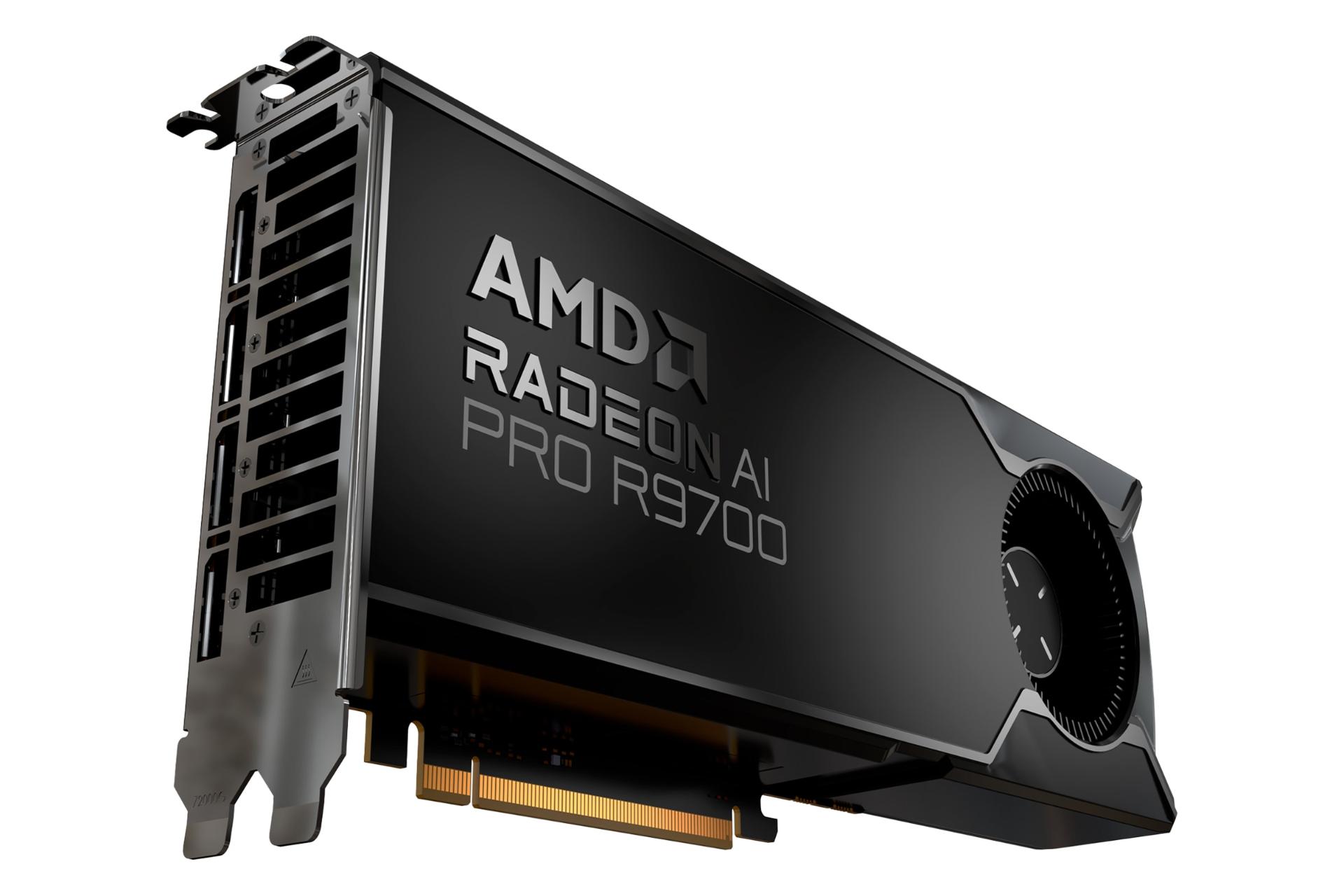 نمای نیمرخ کارت گرافیک AMD رادئون AI پرو R9700 با نمایش فن، لوگو و درگاه‌ها