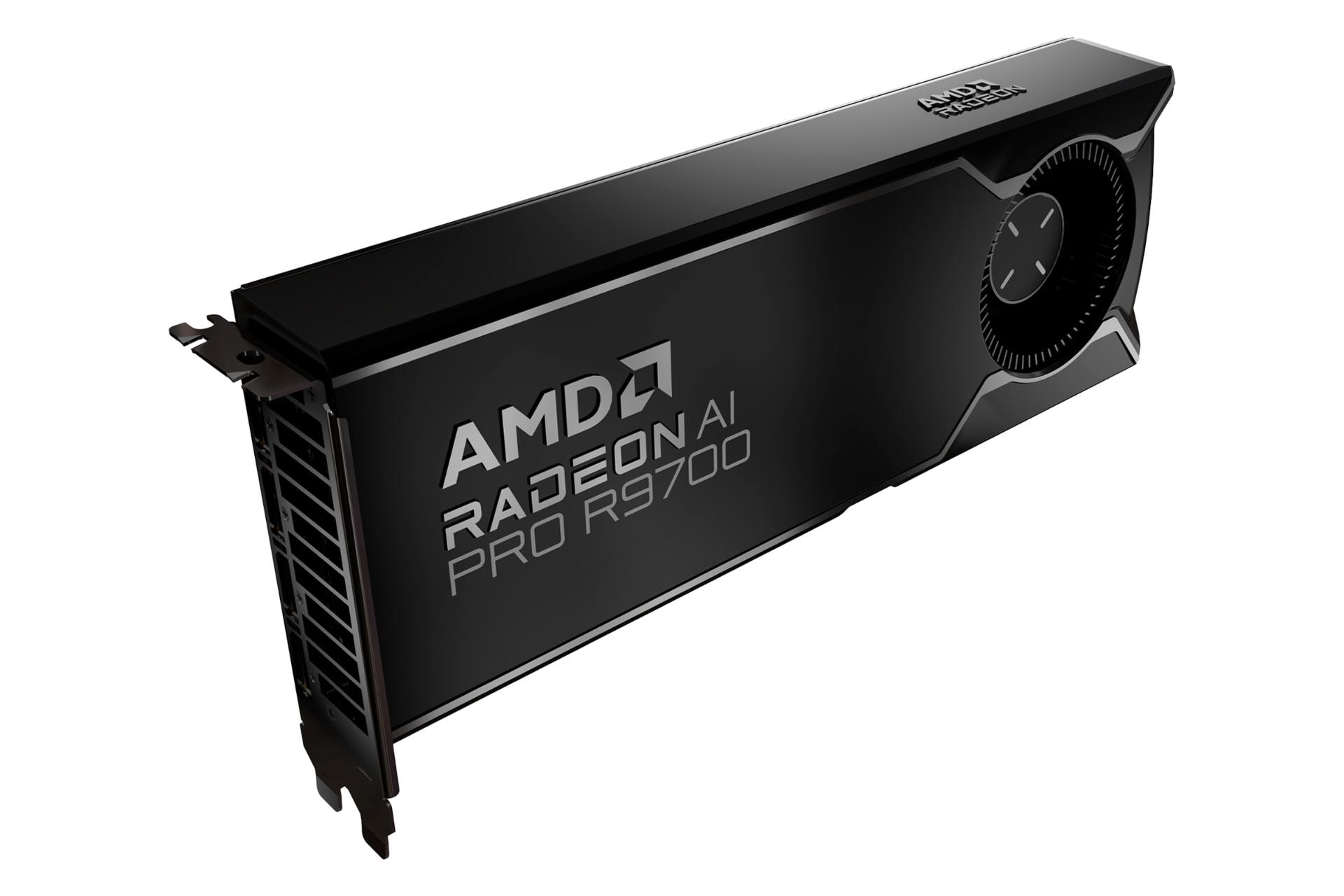 نمای نیمرخ کارت گرافیک AMD رادئون AI پرو R9700 با نمایش لبه کناری، فن، لوگو و درگاه‌ها