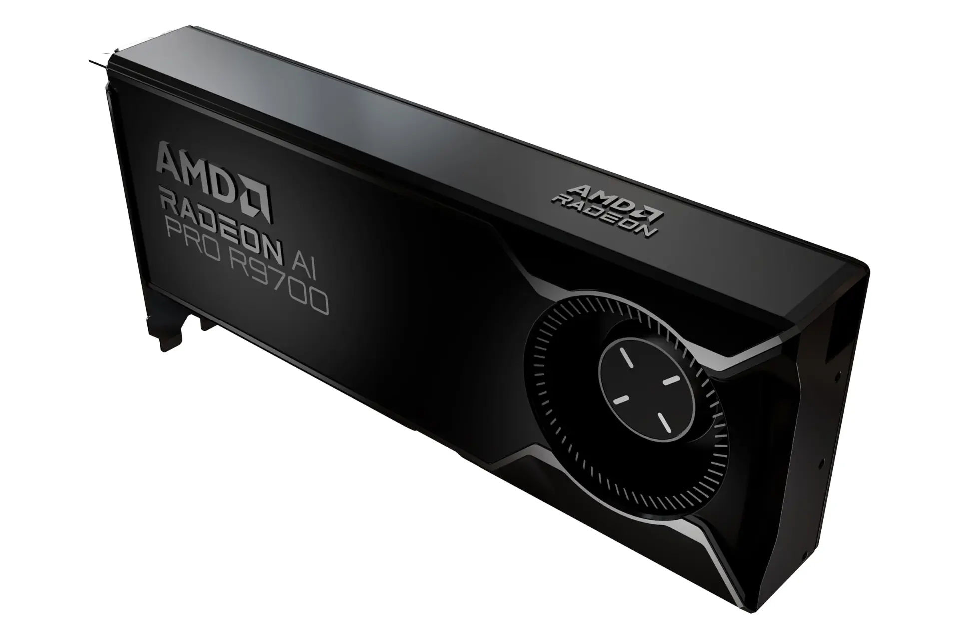 نمای نیمرخ کارت گرافیک AMD رادئون AI پرو R9700 با نمایش لبه کناری و سمت راست، فن و لوگو