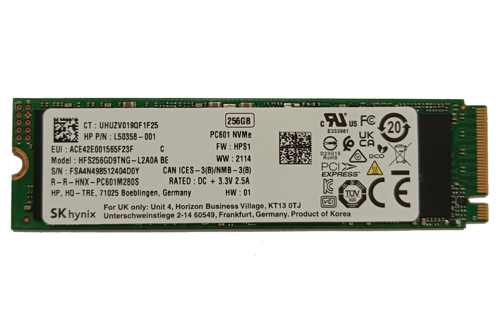 اس اس دی اس کی هاینیکس HFS256GD9TNG-L2A0A BE NVMe M.2 ظرفیت 256 گیگابایت