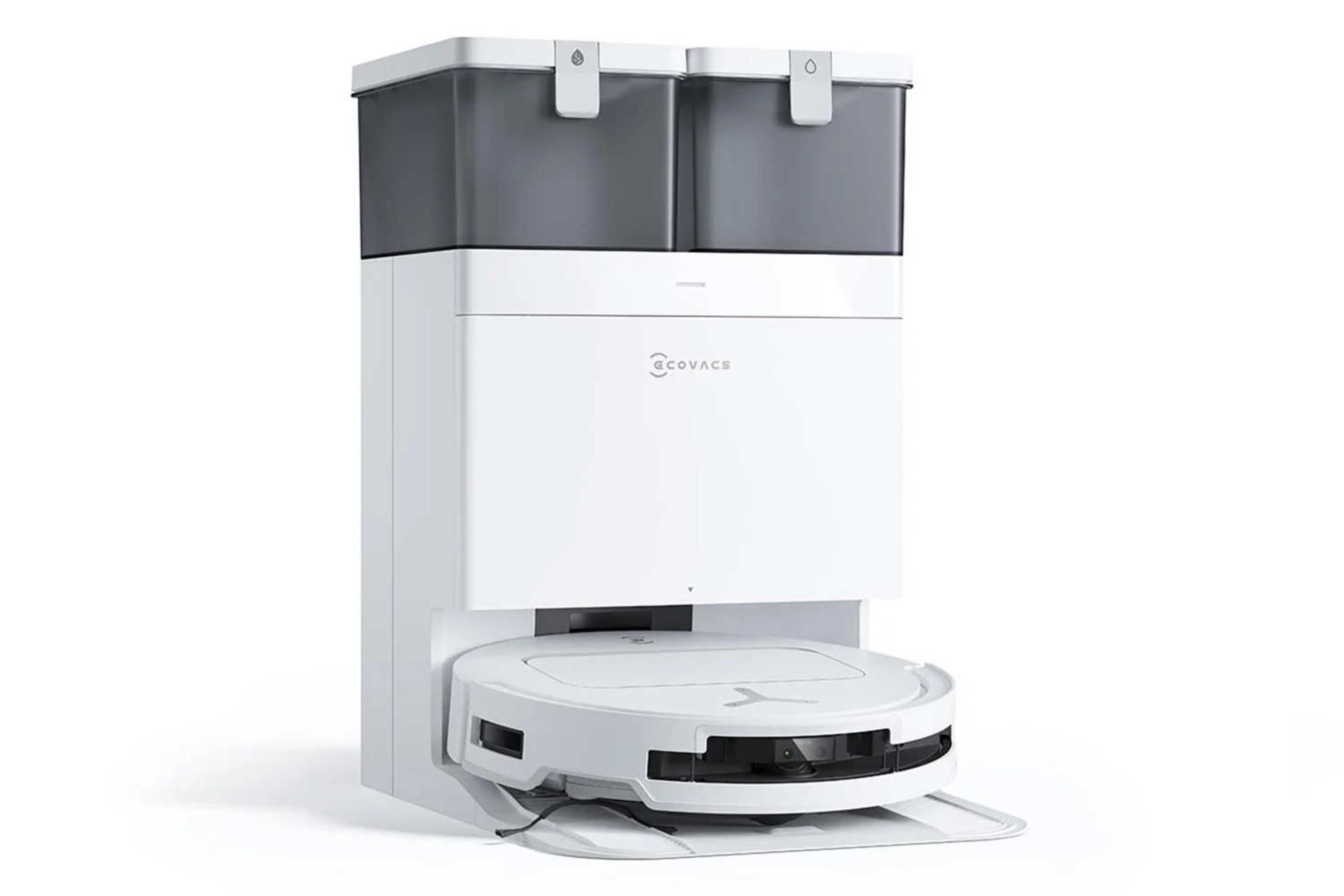 نمای سمت چپ جارو رباتیک اکووکس DEEBOT T50 PRO OMNI به همراه مخزن تخلیه خودکار زباله رنگ سفید