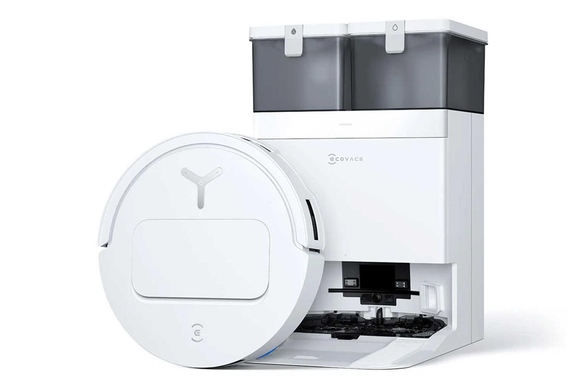 نمای جلوی جارو رباتیک اکووکس DEEBOT T50 PRO OMNI به همراه مخزن تخلیه خودکار زباله رنگ سفید