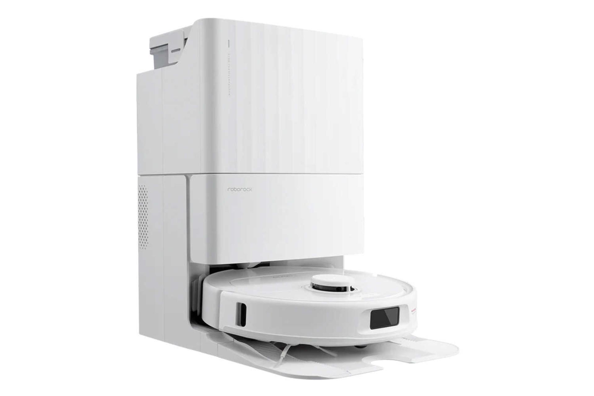 نمای سمت چپ جارو رباتیک روبوراک QRevo Plus به همراه مخزن تخلیه خودکار زباله رنگ سفید