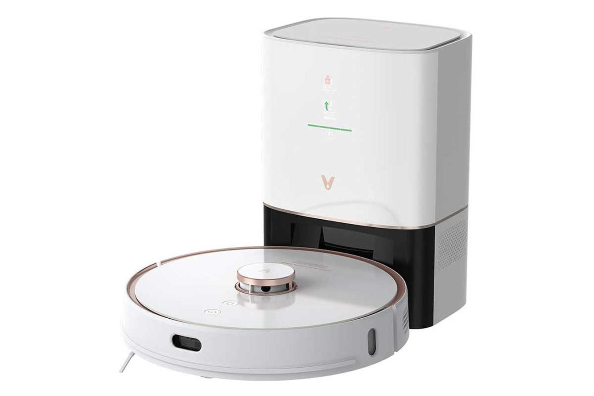نمای سمت راست جارو رباتیک شیائومی ویومی S9 به همراه مخزن تخلیه زباله رنگ سفید