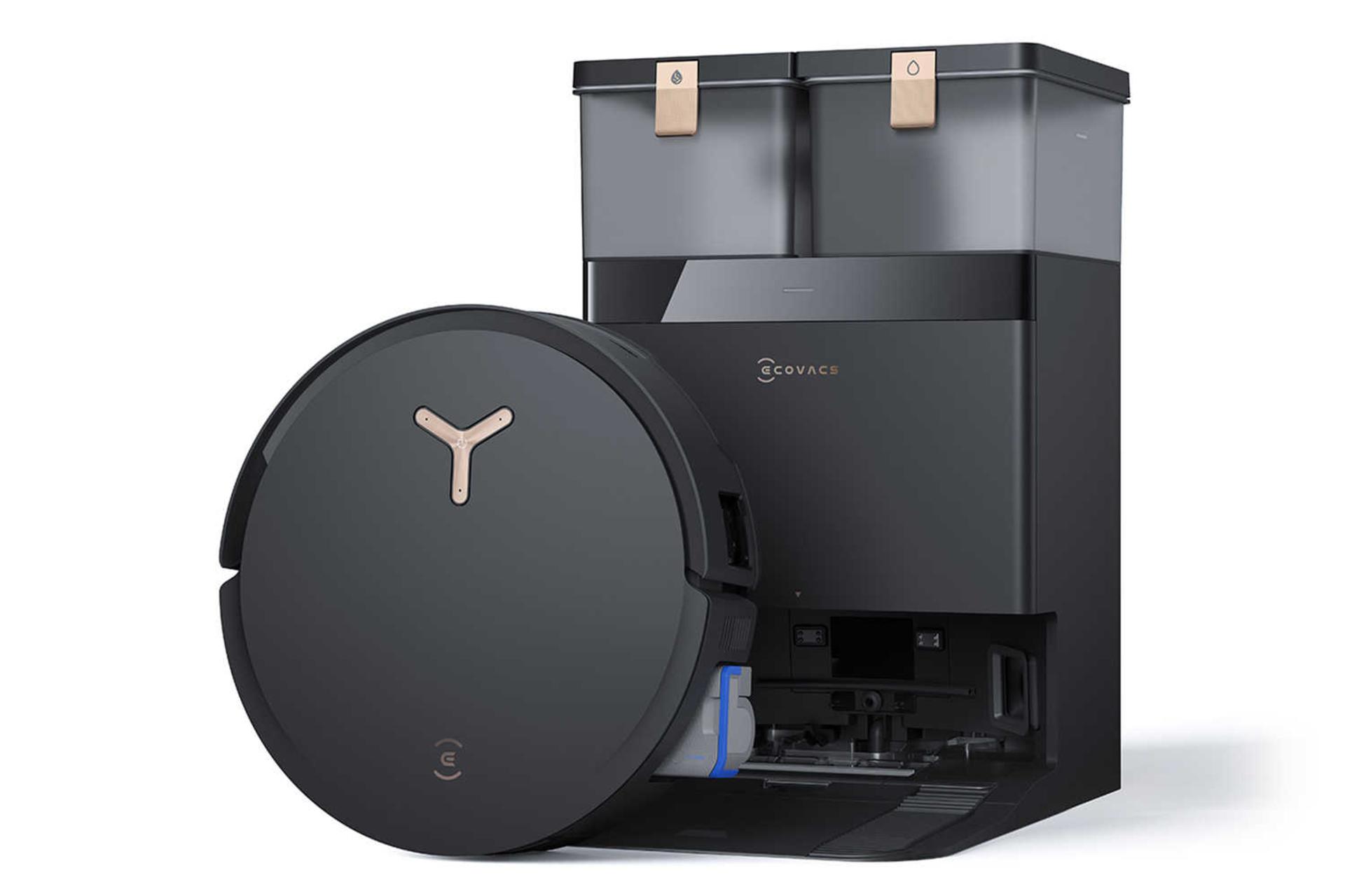 نمای جلوی جارو رباتیک اکووکس X8 PRO OMNI به همراه مخزن تخلیه زباله