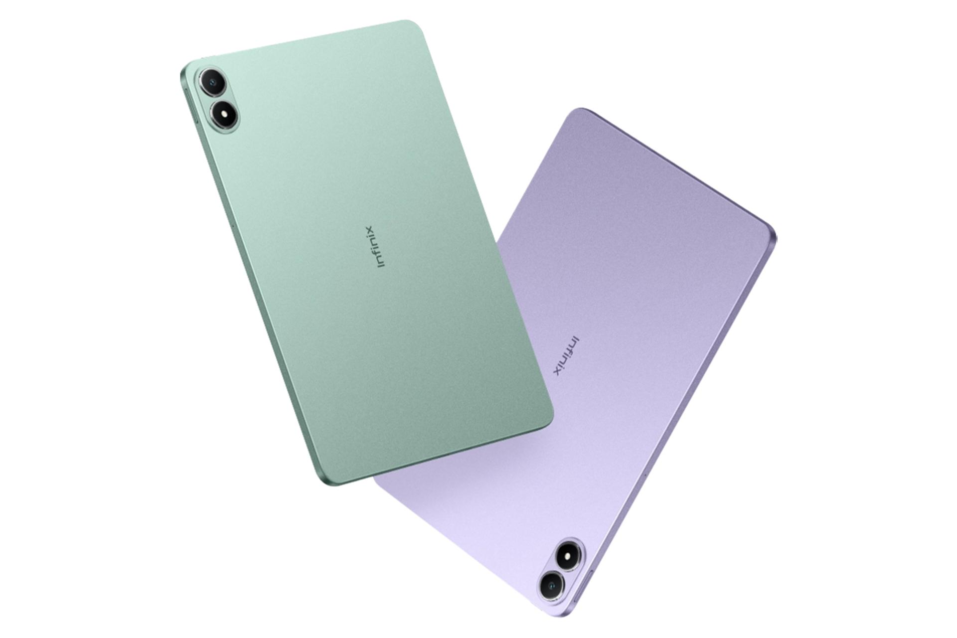 نمای پنل پشت تبلت XPAD 20 اینفینیکس / Infinix XPAD 20 با نمایش لوگو و دوربین پنل پشت رنگ‌های سبز و بنفش