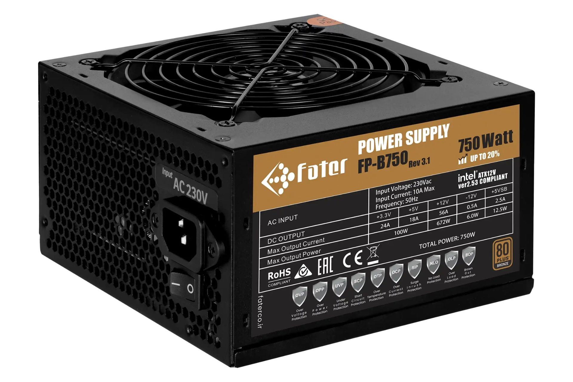نمای نیمرخ پاور کامپیوتر فاطر FP-B750 با توان 750 وات با نمایش برچسب اطلاعات و درگاه برق پنل پشت