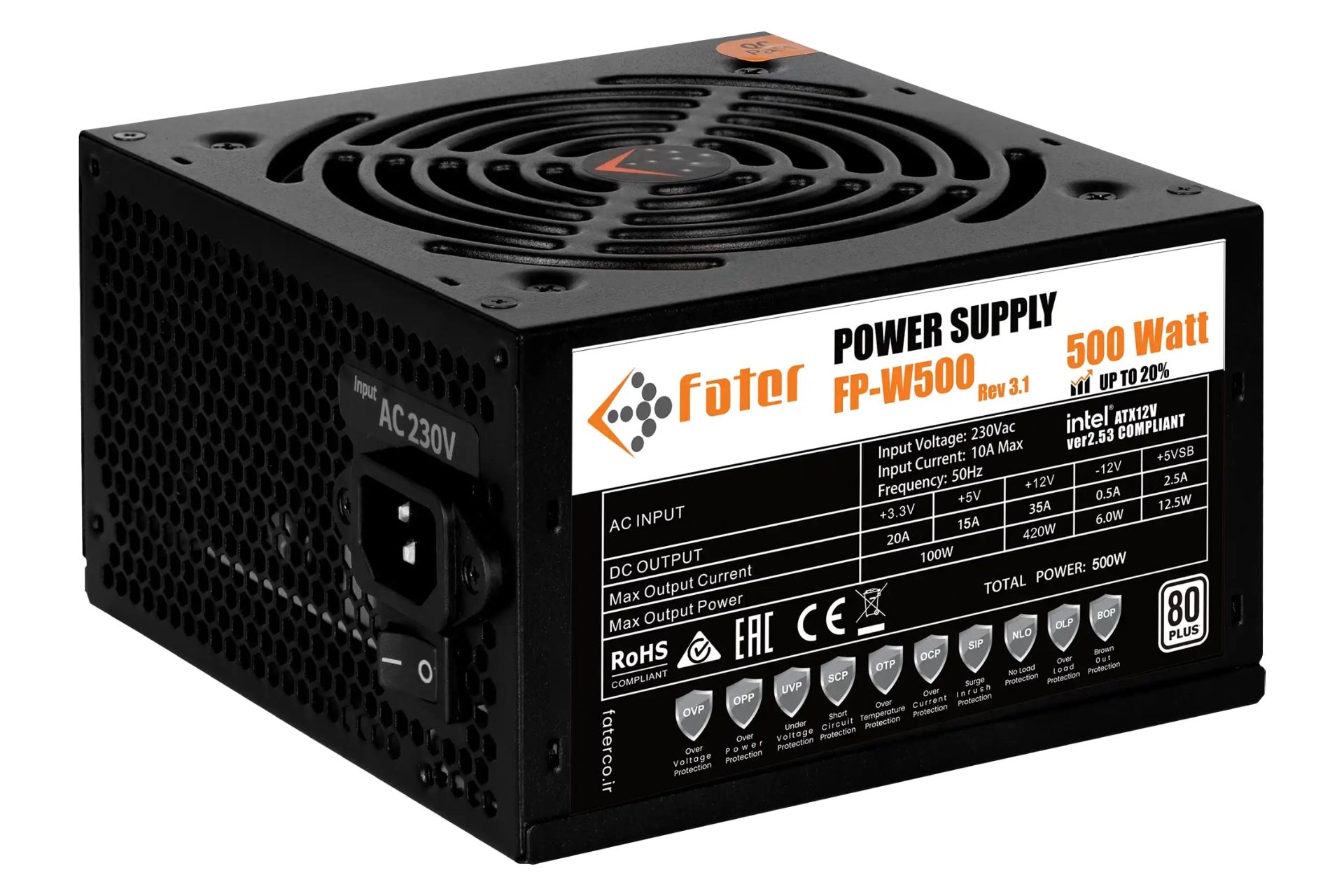 نمای نیمرخ پاور کامپیوتر فاطر FP-W500 با توان 500 وات با نمایش برچسب اطلاعات و درگاه برق