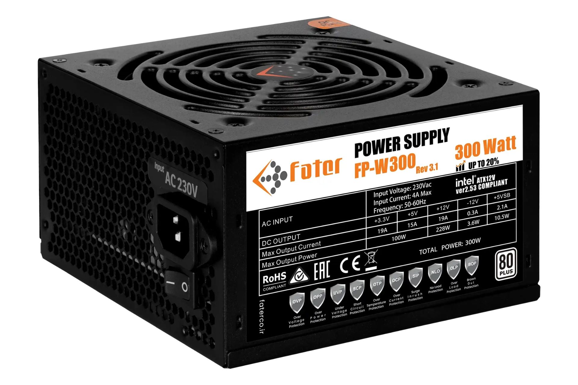 نمای نیمرخ پاور کامپیوتر فاطر FP-W300 با توان 300 وات با نمایش برچسب اطلاعات و درگاه برق