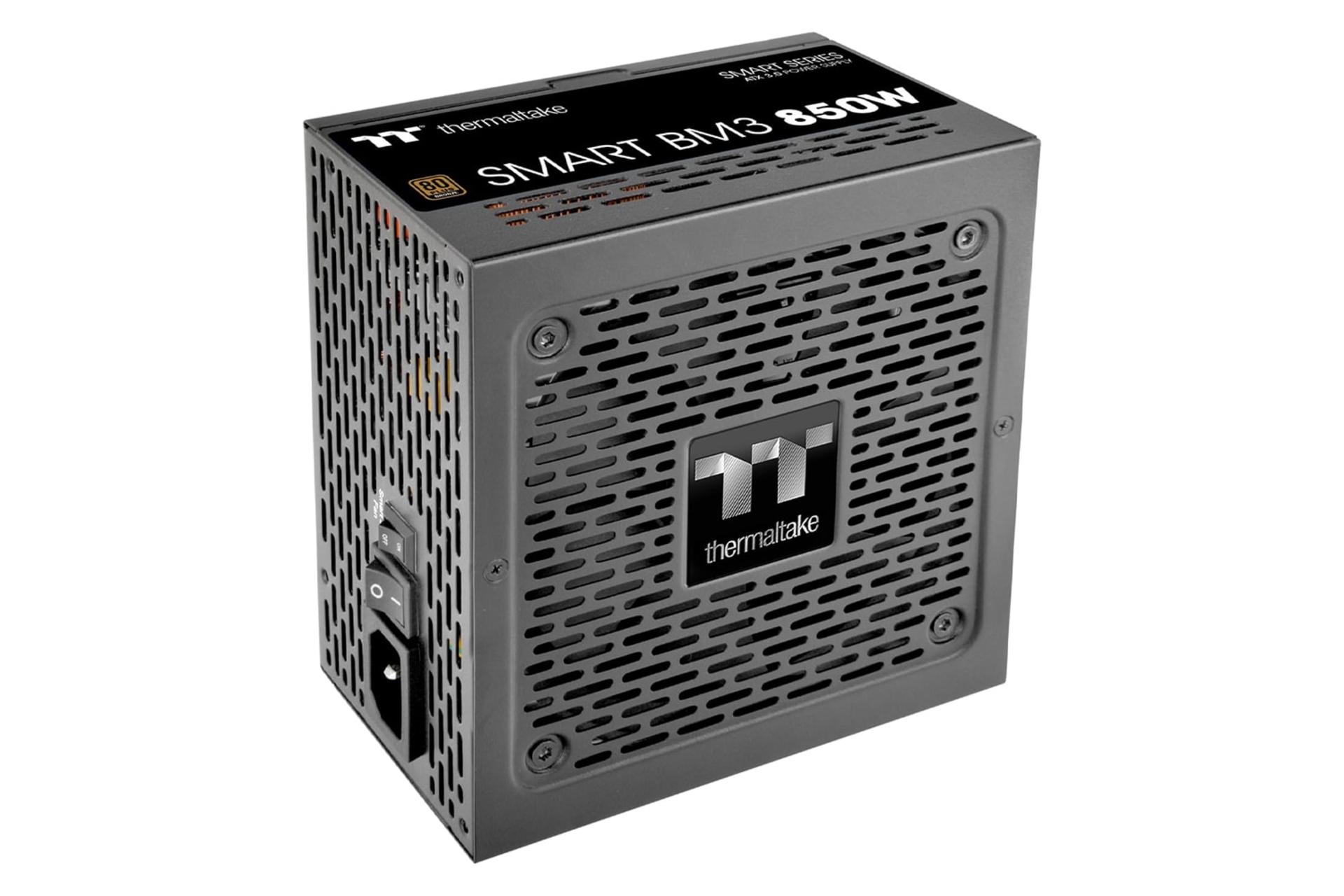 نمای نیمرخ پاور کامپیوتر ترمالتیک Smart BM3 با توان 850 وات با نمایش فن، لوگو و پنل پشت