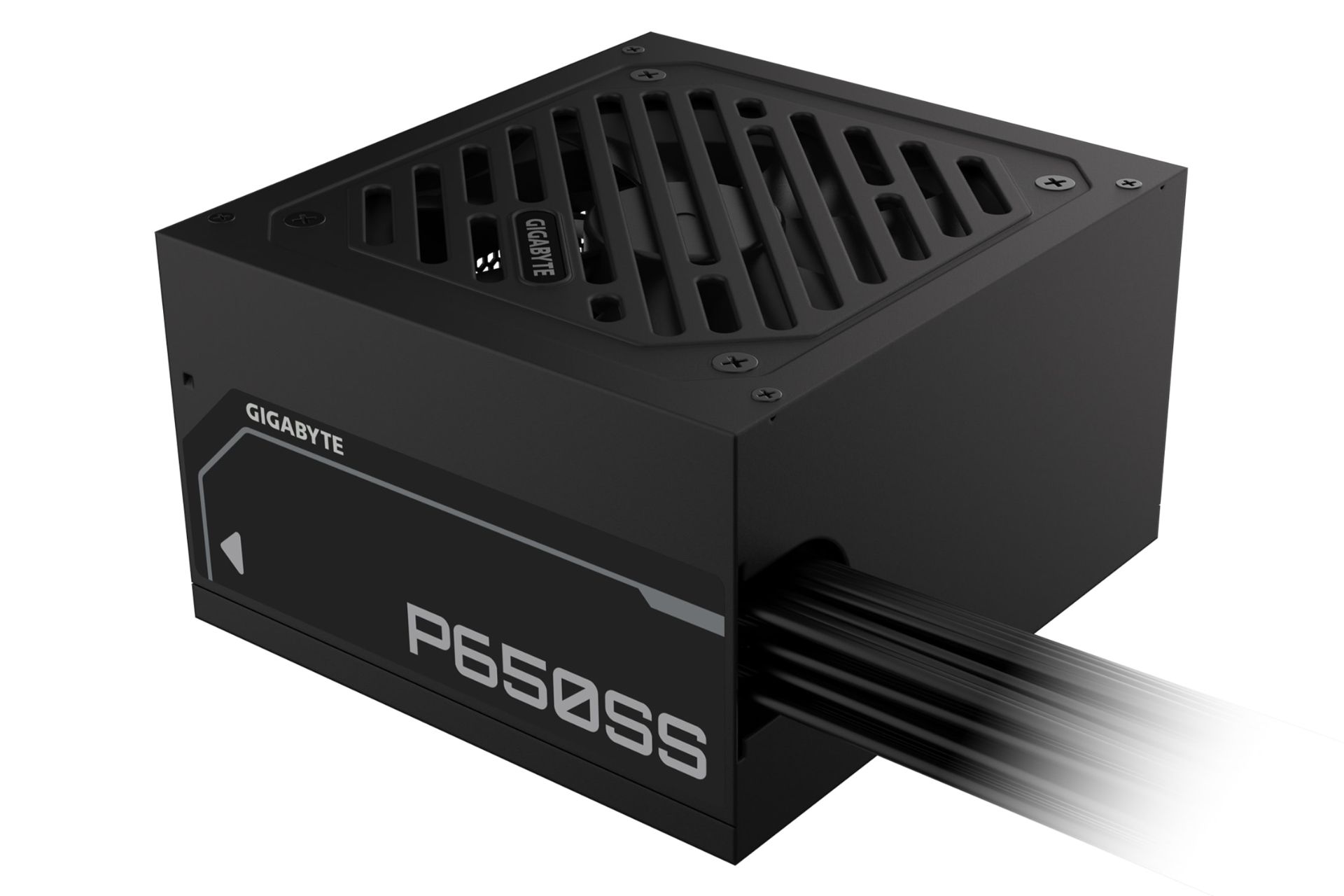 نمای نیمرخ پاور کامپیوتر گیگابایت P650SS با توان 650 وات با نمایش پنل پشت و کابل‌ها