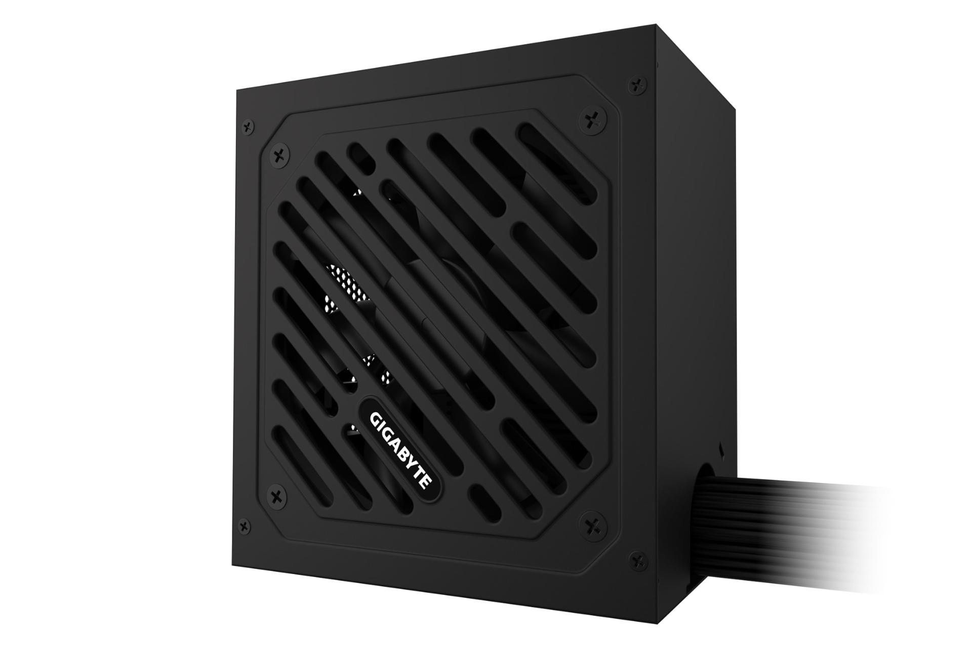 نمای نیمرخ پاور کامپیوتر گیگابایت P650SS با توان 650 وات با نمایش فن و لوگو و کابل‌ها