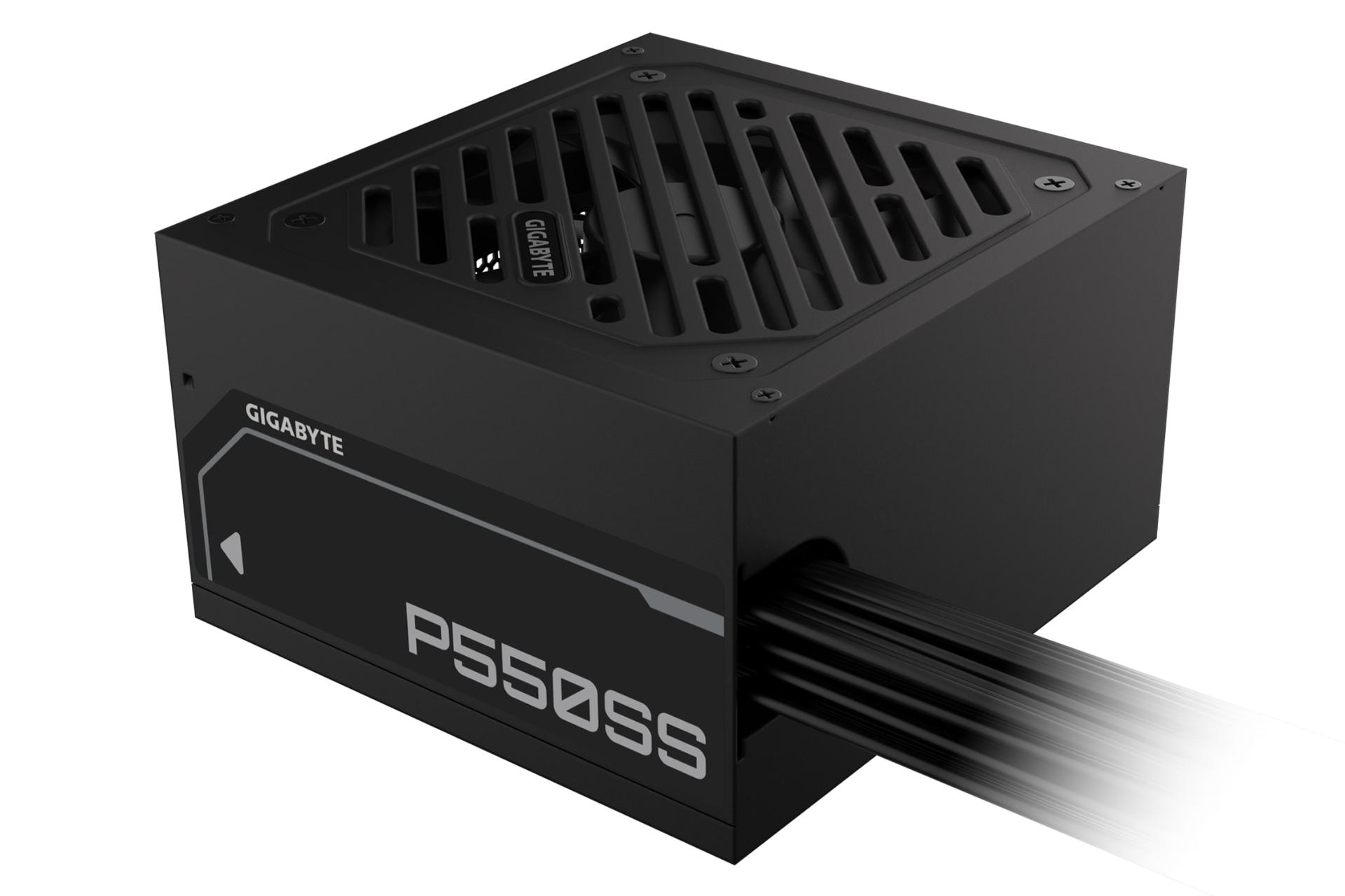 نمای نیمرخ پاور کامپیوتر گیگابایت P550SS با توان 550 وات با نمایش پنل پشت و کابل‌ها