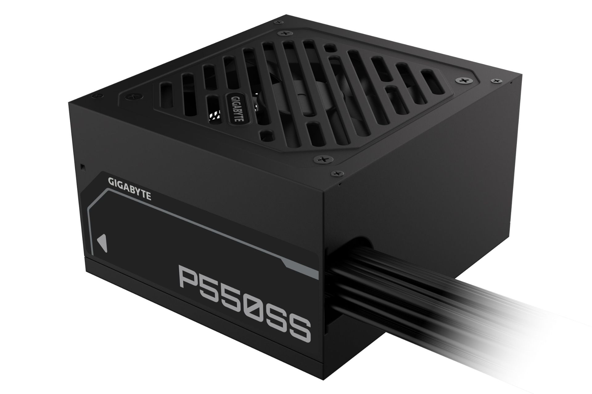 نمای نیمرخ پاور کامپیوتر گیگابایت P550SS با توان 550 وات با نمایش پنل پشت و کابل‌ها