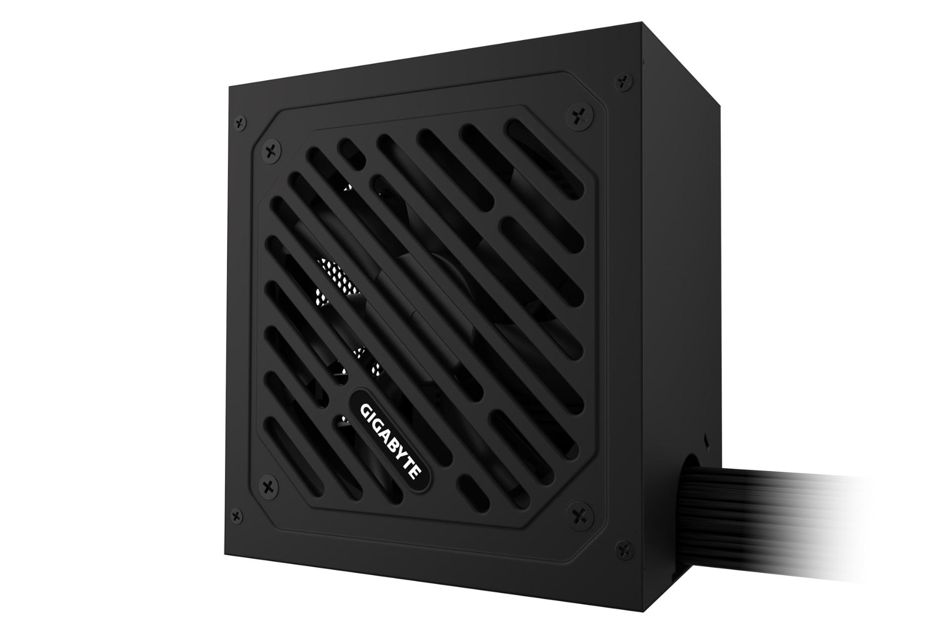 نمای نیمرخ پاور کامپیوتر گیگابایت P550SS با توان 550 وات با نمایش فن و لوگو و کابل‌ها